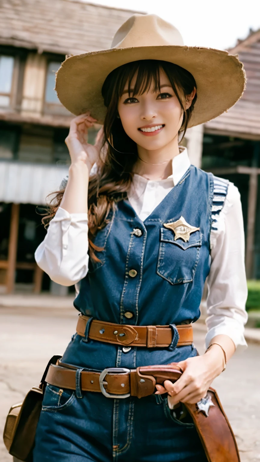 ((Perfect Anatomy)) ,Masterpiece,Ulzan 6500,(Real person,Realisticな写真),4K full-body shot with deep depth of field from a top view,(((The story is set in the American frontier, where a 20-year-old beautiful and cheerful girl in a cowboy hat is a skilled female sheriff who takes down the bad guys from the movie "A Piece of Rock.",He reaches out from his horse in the middle of a dusty paved road lined with old, dilapidated wooden houses.))),(The sheriff's badge glows dully.),(He was wearing a long-sleeved brown dress shirt that was worn with dust, a worn, shiny black leather vest, slim jeans, western boots, and a cowboy hat.),A muscular coke bottle body with a proud F cup bust and firm hips, (((A cheerful looking female sheriff in an old brown leather cowboy hat is riding a horse and offering her hand.))),Wild West cityscape,wasteland,Gunslinger Costume,(A beautifully engraved gun belt is worn around the waist.:1.3),(Gun Holster:1.3),She takes aim with a long-barreled revolver in her hand.,Photos of poses that capture the essence of movement,Beauty condensed in 1girl,Clear Skin,(In 8K, RAW Photos, highest quality, Tabletop),The red sunset dyes the buildings red,Cinema Lighting,(Realistic, Photorealistic),