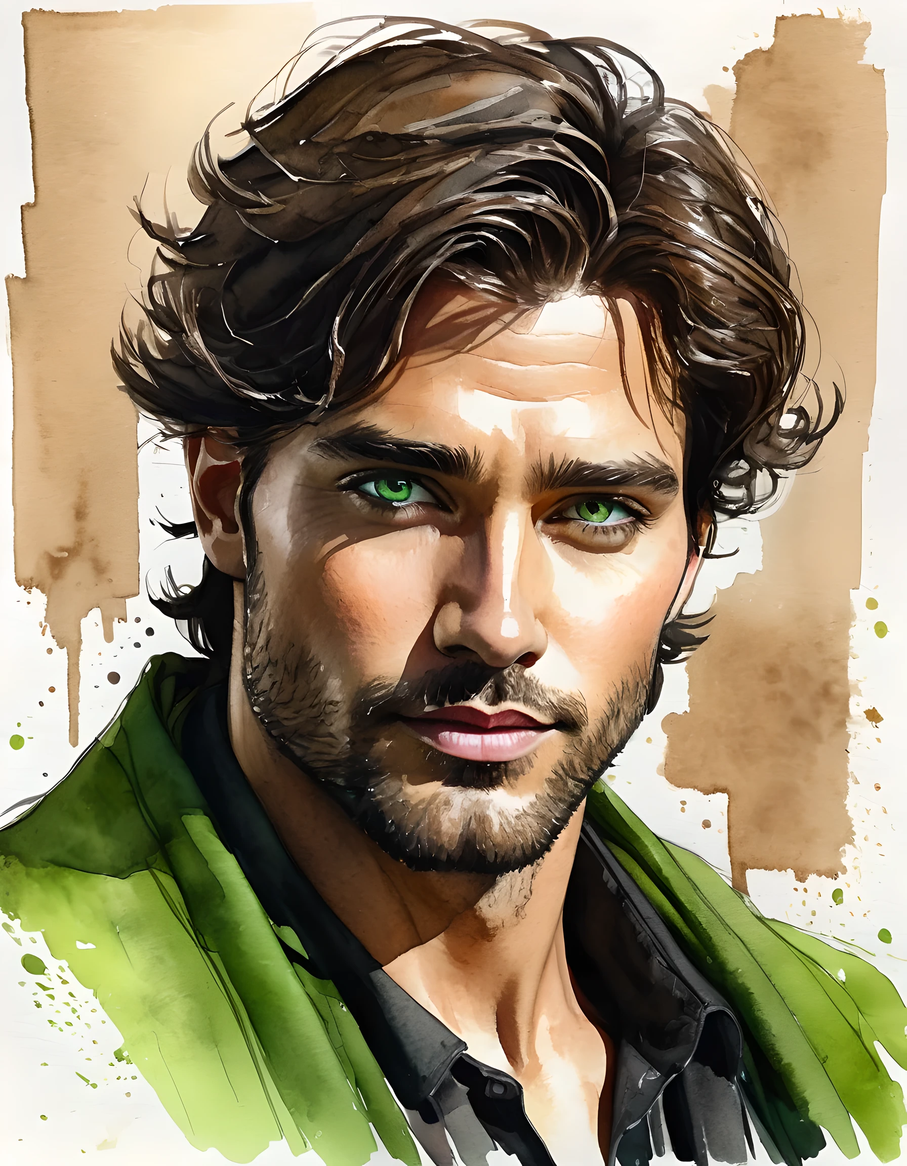 Magnificent Sketchbook Style, Sketch Book, Hand Drawn, Dark, Gritty, Realistic Sketch, Rough Sketch, Mix of Bold Dark Lines and Loose Lines, Bold Lines, On Paper, Turnaround Character Sheet, a (((Stunningly Beautiful Youngman))), ((Brown Hair)), ((HaileeSteinfield)), (((Royal Cleric))), ((Green Eyes)), ((40 Years Old )), Natural Light, Dynamic, Highly Detailed, Watercolor Painting, Watercolor Paper, Artstation, Concept Art, Smooth and Crisp, Sharp Focus, Illustration, High Shot, Slim Body, ((Le
