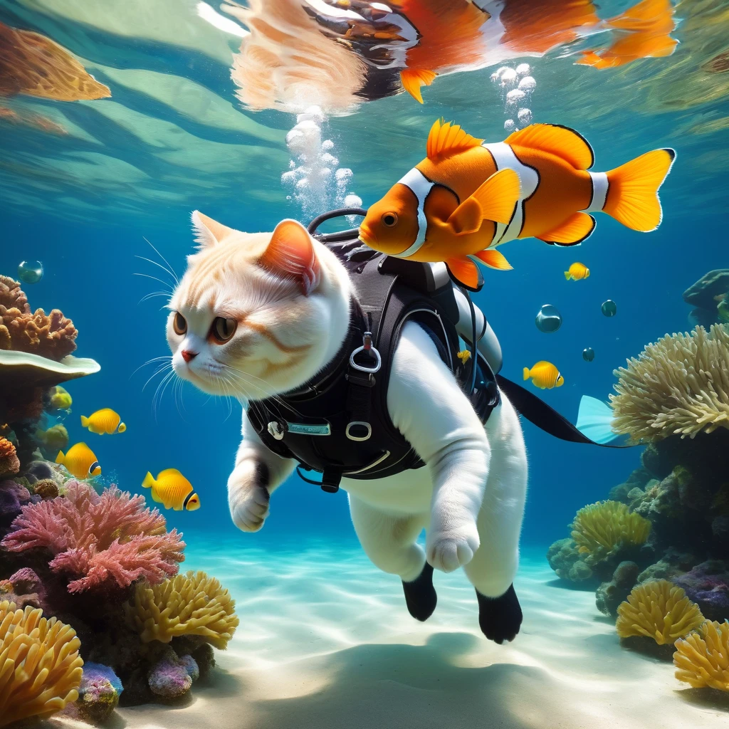 (一只穿着diving服和护目镜的british shorthair cat与鱼一起游泳)，Underwater scene，(diving)，1british shorthair cat，(穿着diving服)，(Carrying an oxygen cylinder on his back)，1 fish，Clownfish，bubble，Seaweed，Coral Reefs，Sunlight is filtered through the water，Tranquil atmosphere，calm，1.4x more realism，3D Rendering，Concept Art，Vibrant colors