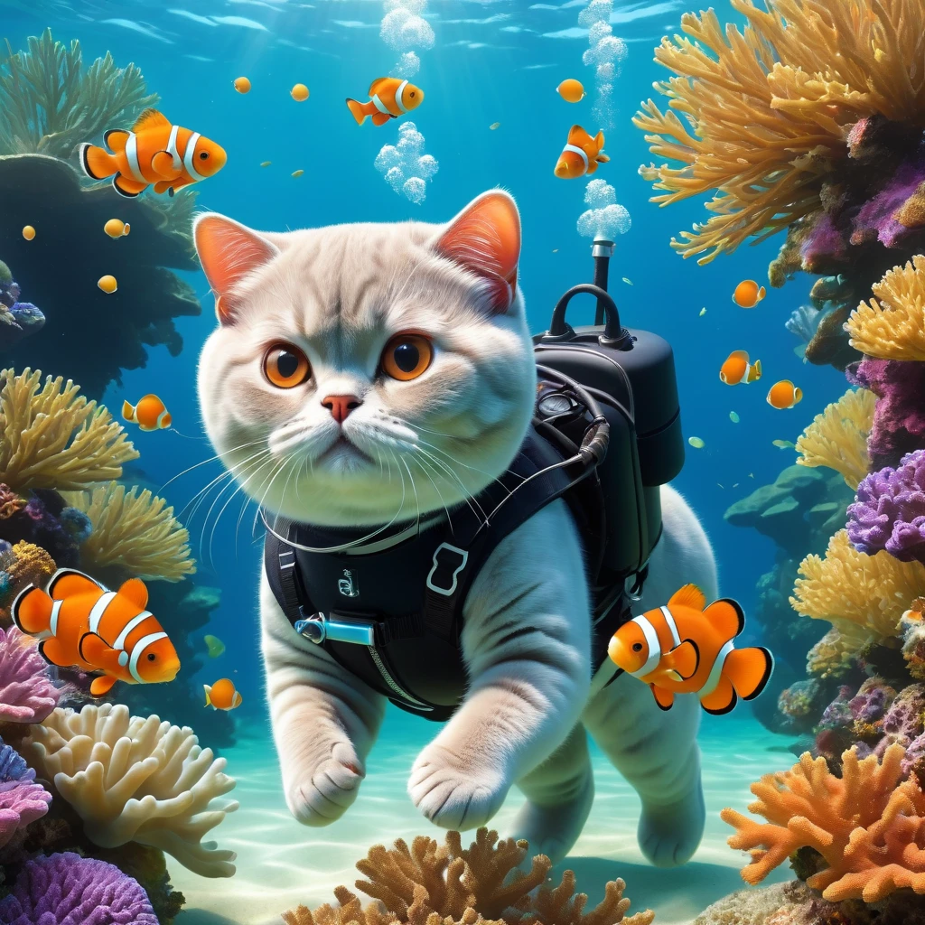 (一只穿着diving服和护目镜的british shorthair cat与鱼一起游泳)，Underwater scene，(diving)，1british shorthair cat，(穿着diving服)，(Carrying an oxygen cylinder on his back)，1 fish，Clownfish，bubble，Seaweed，Coral Reefs，Sunlight is filtered through the water，Tranquil atmosphere，calm，1.4x more realism，3D Rendering，Concept Art，Vibrant colors