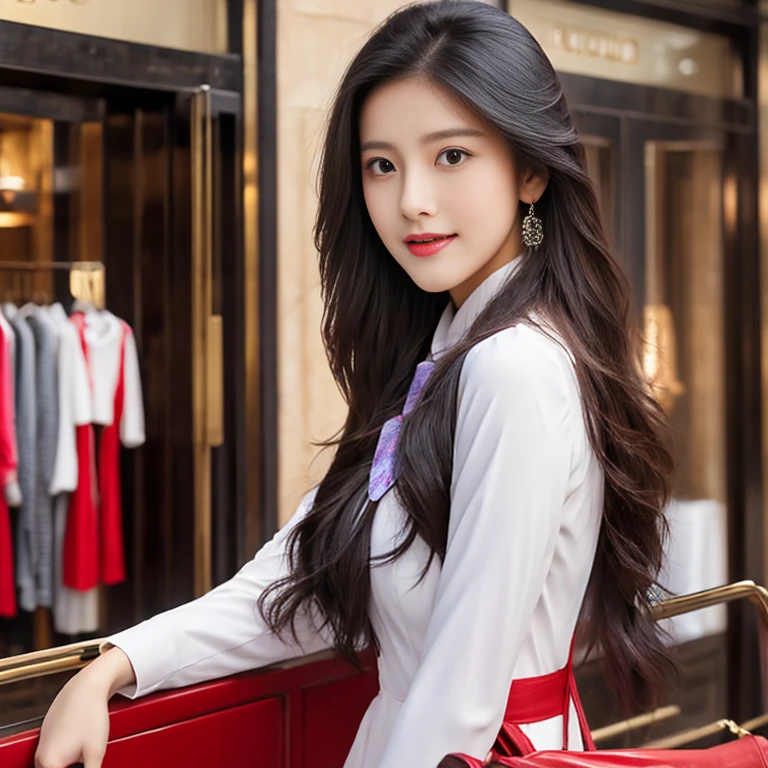 8k, Highest quality, Special details, , Beautiful Asian woman, 25 years old, straight face.,) Look straight at the camera, intently, intently ,)Long hair floats up,)) The light illuminates the face and focuses clearly. ,Stylish uniforms, blue suits, red pepper blue suits. Help customers, Chic shop decoration, bright colors, bustling environment There was a large flower vase with red, yellow, pink, white flowers around it appropriately.,) Shot with a high quality Fuji 45 camera.,000,000 chili cells with realistic light and sound,