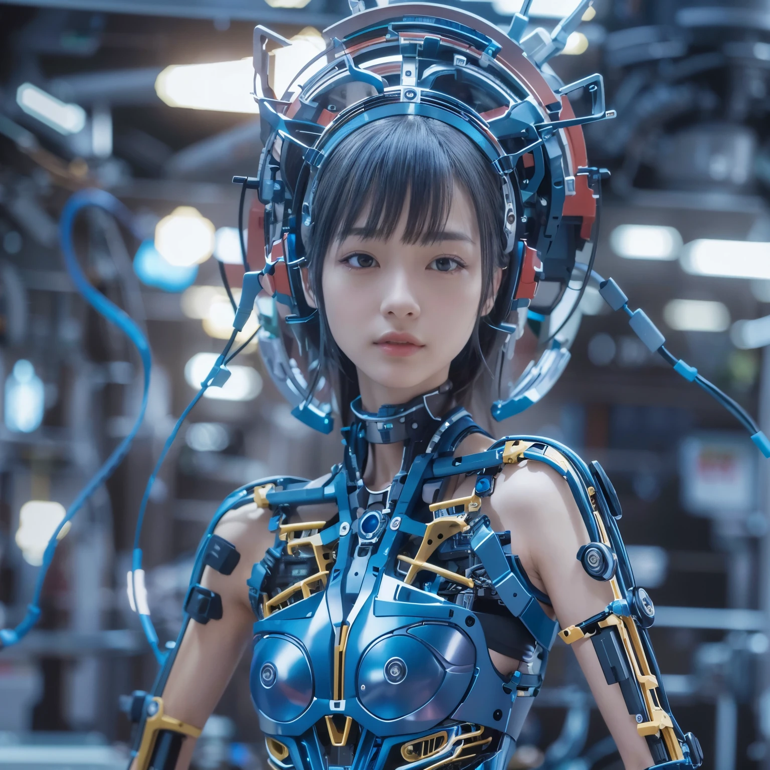 (best quality:1.2), 8k, highres, octan render, (masterpiece), extremely ultra detail, cyborgized Japanese woman, extremely ultra cute face, , skinny body, flat chest, (blue metallic mechanical frame:1.5), (Power cables connected throughout the body), detaile up, Instead of hair, there are cables growing out of it, mechanical fusion, mechanical skeleton, bio mechanics, mechanical life-form, highly intricate detail, extremely ultra real texture, human-like skin, realistic hair, ultra realistic details, professional lighting, (realistic:1.4), (RAW photo:1.2), (photorealistic:1.37)
