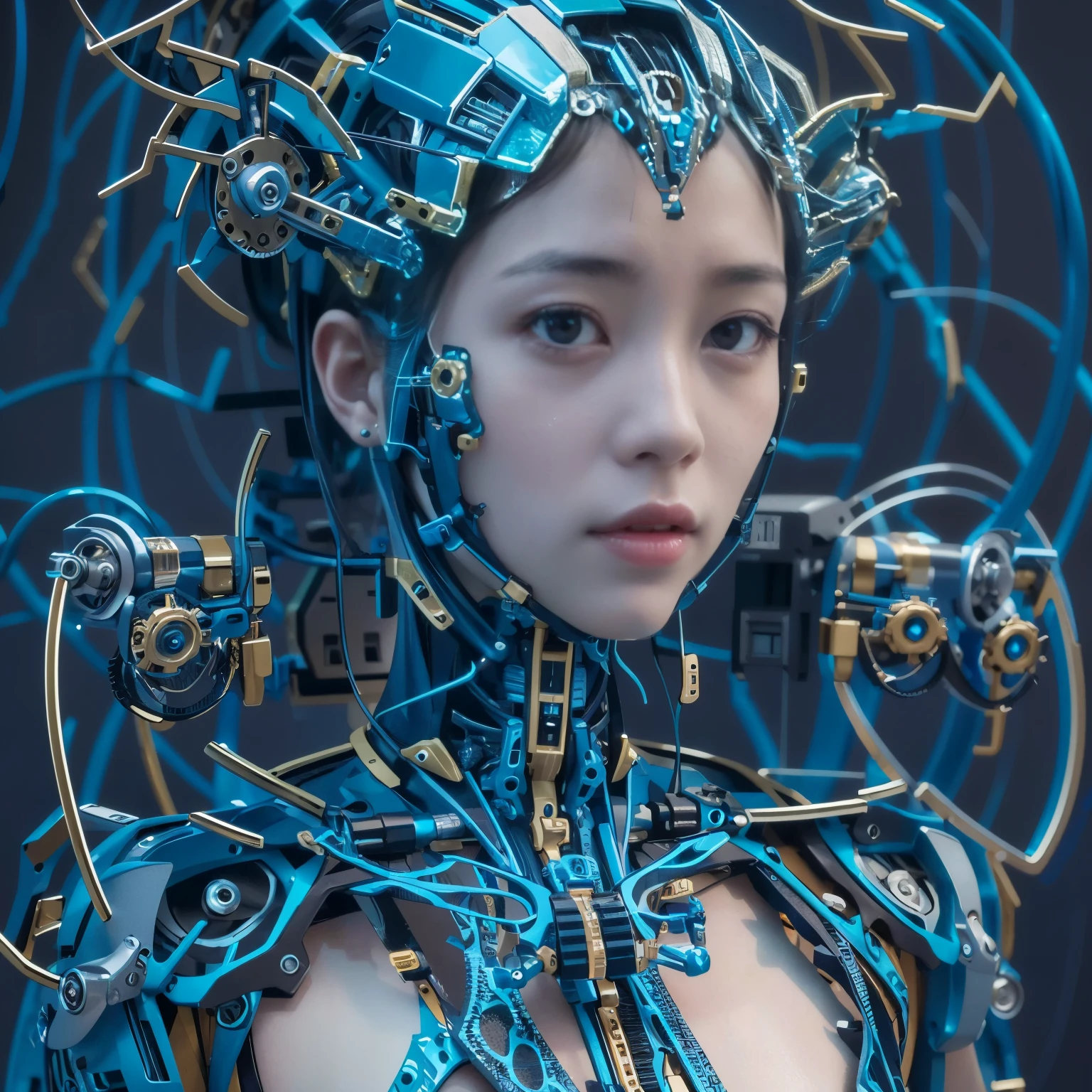 (best quality:1.2), 8k, highres, octan render, (masterpiece), extremely ultra detail, cyborgized Japanese woman, extremely ultra cute face, , skinny body, flat chest, (blue metallic mechanical frame:1.5), (Power cables connected throughout the body), detaile up, Instead of hair, there are cables growing out of it, mechanical fusion, mechanical skeleton, bio mechanics, mechanical life-form, highly intricate detail, extremely ultra real texture, human-like skin, realistic hair, ultra realistic details, professional lighting, (realistic:1.4), (RAW photo:1.2), (photorealistic:1.37)