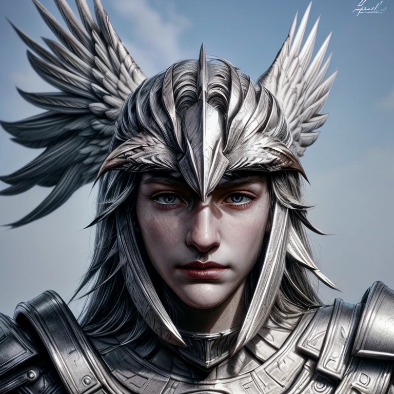 An eagle head, with a perfect sculptural realistic,with silver mediaval armor, and potrait, ultra realistic, HD,