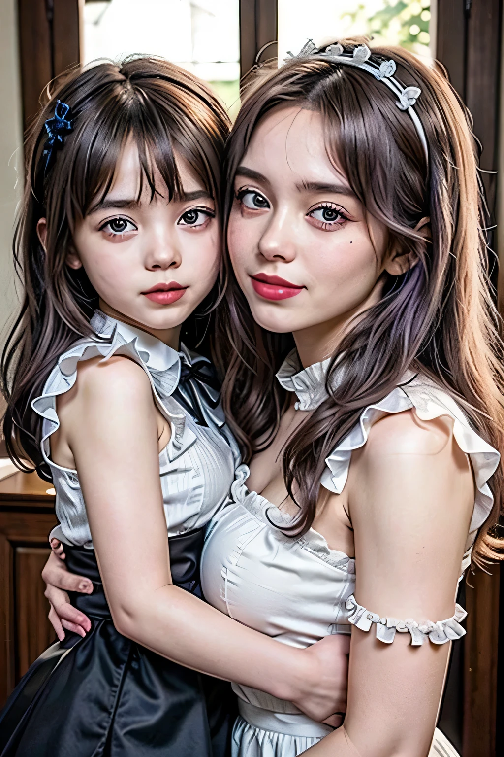 A 20-year-old female maid and a 6-****-old girl, 20-year-old woman wearing traditional maid uniform, The 6-year-old girl is wearing a light blue dress., 6 year old girl wearing ribbon headband, 20 year old women wear heavy makeup, Beautifully detailed face, A 6-year-old girl is wearing glasses, Natural sunlight, 20 year old woman has purple hair, Old Western-style building, Big Breasts, 6 year old girl laughing, A 20-year-old woman is staring at a young girl, A 20-year-old woman is 170 cm tall., Anatomically correct body, A 6-year-old girl is 100cm tall, , 20 year old woman hugging, Red lipstick, A 20-year-old woman is wearing a black skirt with frills, Chic pumps, , 20 year old woman in garter belt and white stockings, They are both smiling., A 20-year-old woman is holding a 6-****-old girl in her arms, Two very cute people, Draw two faces in detail, 6 year old girl in long skirt, The two are staring at each other, , , , , ,