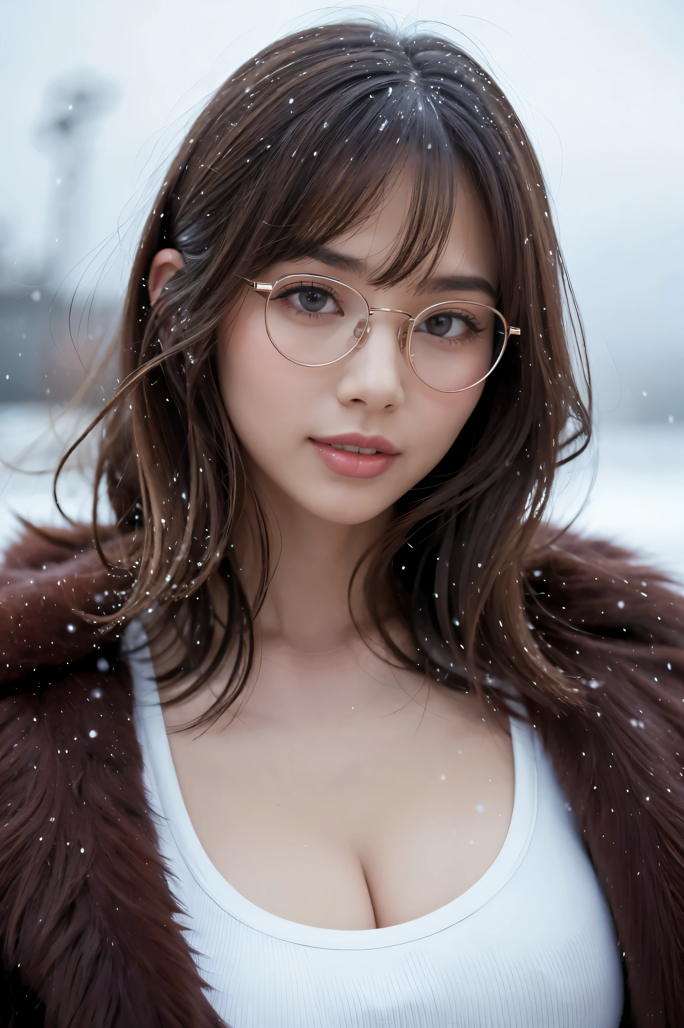 (Tabletop、highest qualそれy、8k、Award-winning works、Ultra-high resolution)、One beautiful woman、(thick and big fur coat:1.3)、(A lot of fluffy fur:1.2)、Brown Hair、(short hair:1.1)、Great cinema lighting、(The most romantic and moody atmosphere:1.1)、winter、Snow Scene、it&#39;s snowing、(Walking in the snow in Northern Europe:1.1)、look at me、(Very large breasts:1.1)、Blurred Background、Accurate anatomy、Ultra HD Hair、Ultra-high resolutionの完璧な美しい歯、Ultra-high definそれion beauty face、Ultra HD Hair、Ultra-high resolutionの輝く瞳、輝くUltra-high resolutionの美肌、Ultra-high resolutionの艶やかな唇、(Face close-up:1.1)、(Elegant round glasses:1.1)