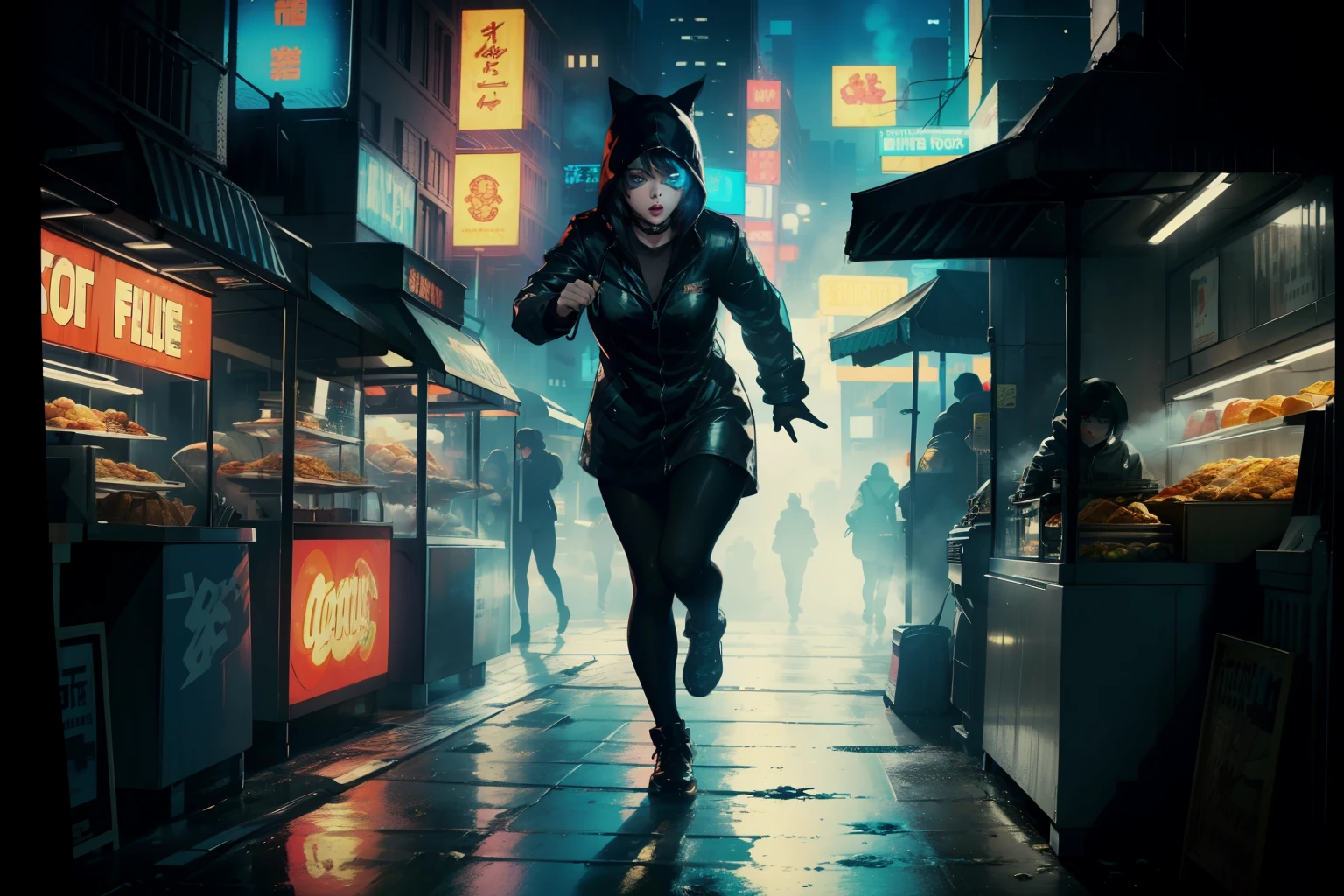 ((highest quality)), ((masterpiece)), (be familiar with), (High definition), (Accurate), (Realistic), (Cinematic), (Best Shadow), (Low contrast), (8K), Perfect Face, ((SYD MEAD style)), manga、mangaデザイン、Storyboard、Frame division、(Action Scenes), ((1 Woman is running away))、((Replicant, Black Hair, very short hair, Blue Eyes)), (Black hooded raincoat)、((Walking through the food stalls))、Glittering neon signs、congestion, congestion, Decadent Future City, NEO TOKYO, A.D.2051, (steam:1.2), It's raining white, evening, ((Close-up of a woman's face))