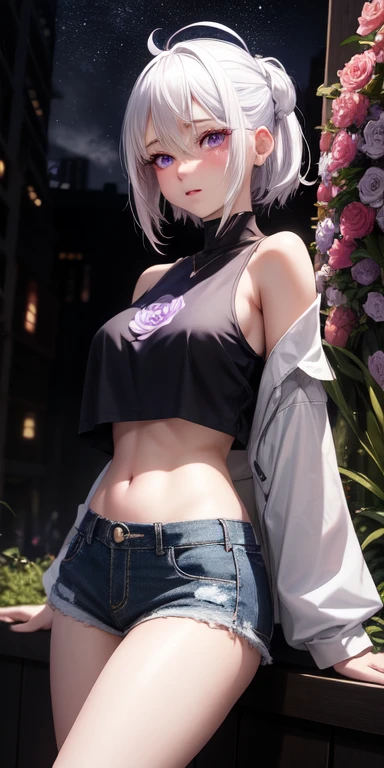 Anime, 1 girl, White hair, Purple eyes, Glowing eyes, Crop top, A pocket, Parted lips, Blush, a night, Flowers, sun, sunlight,