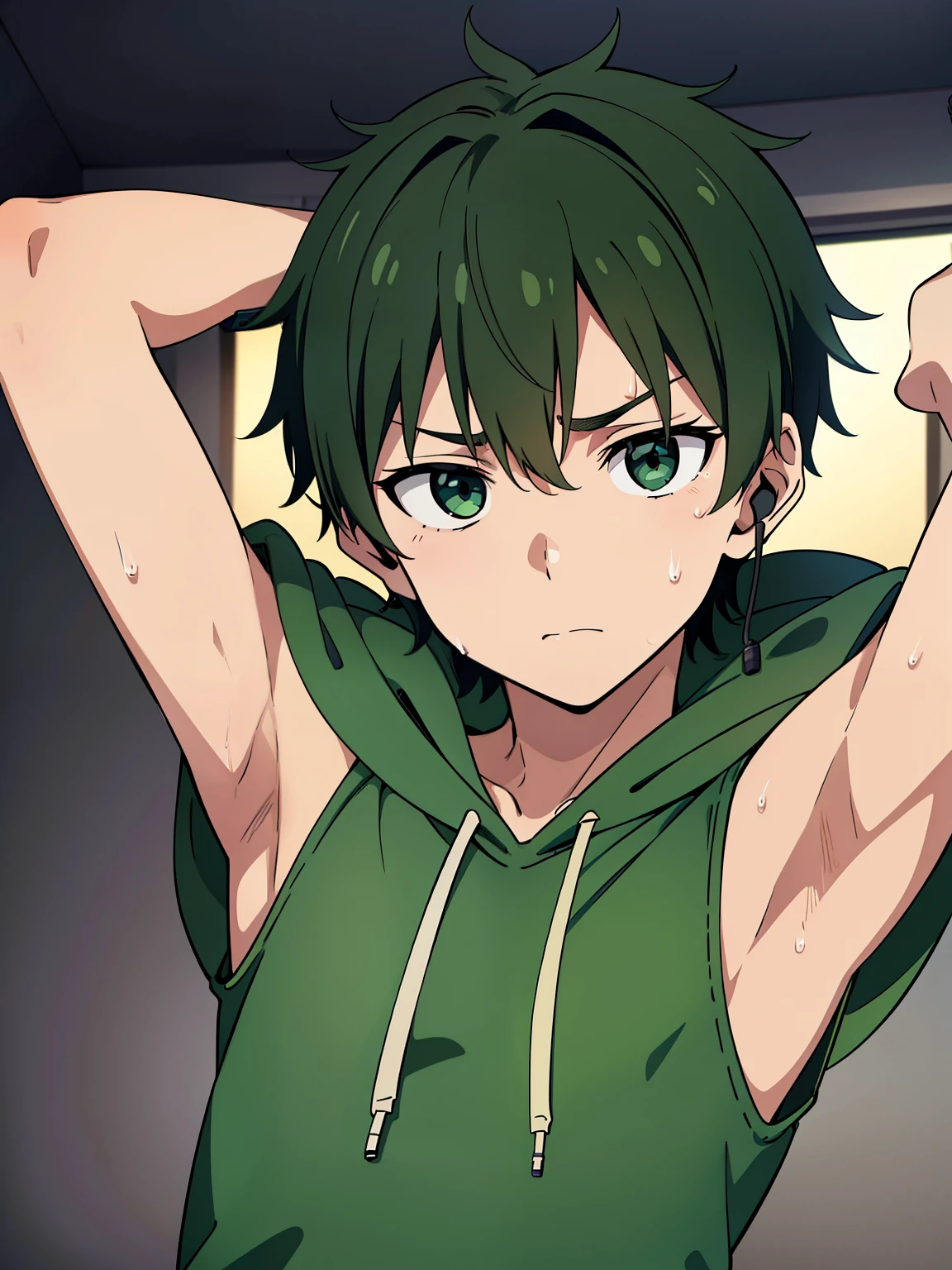 Highres, Masterpiece, Best quality at best,Best Quality,hight quality, hight detailed, 1boy, Shota, Green hoodie, Wearing headset, Sleeveless hoodie, (very young boy), (very small and short body), **-****-*** boys, (Showing armpit:1.3), Simple beckground, Sweat