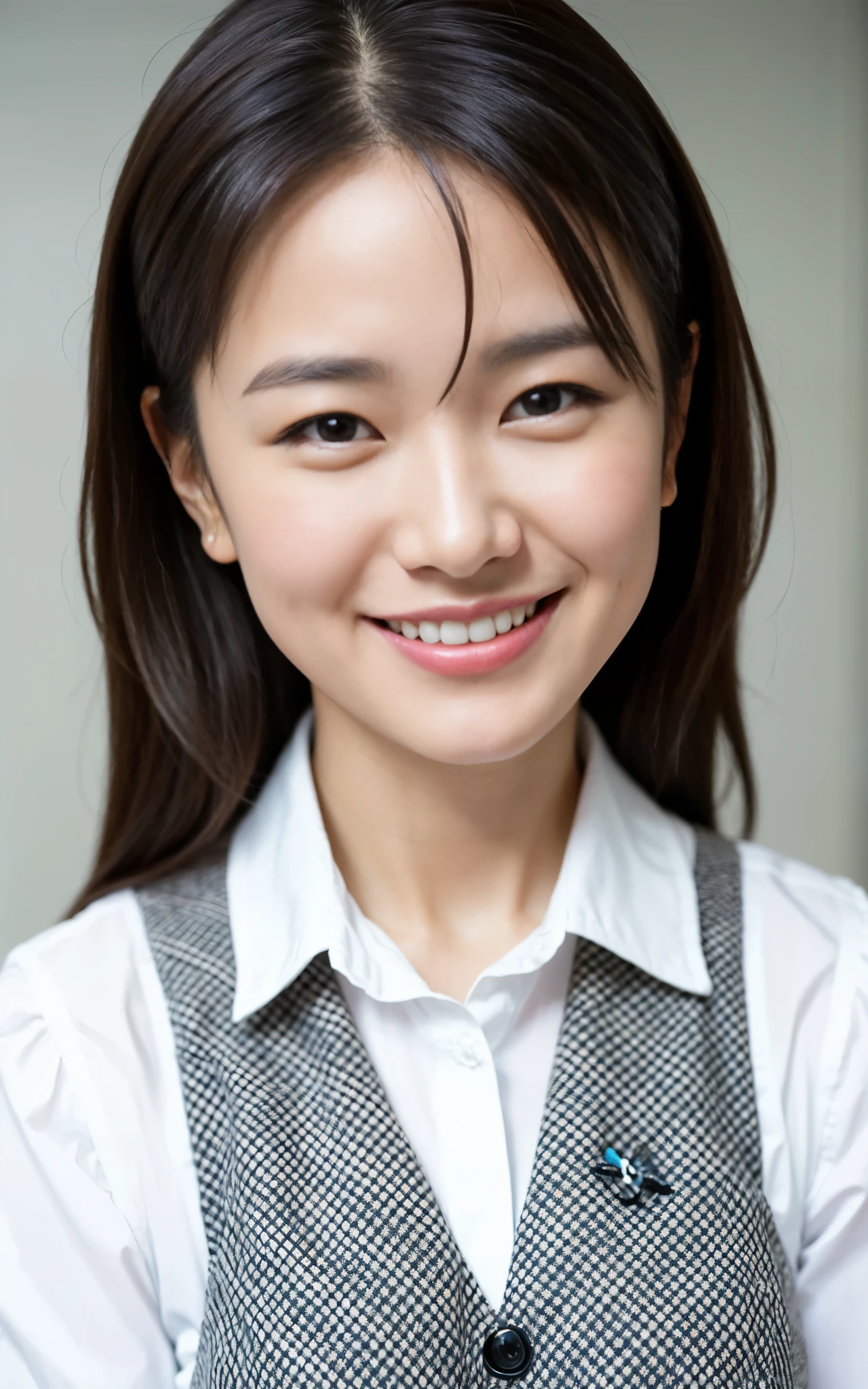masterpiece,best quality, (1 milf), ((close up:0.5)), ((cross arms)), glare, plaid vest, white shirt, double eyelid, eyelash, lip gloss, (smile:1.5), ((close eyes:0.85)), ((Looking at Viewer)), RAW, (from above:0.2), ((nobody)), office,