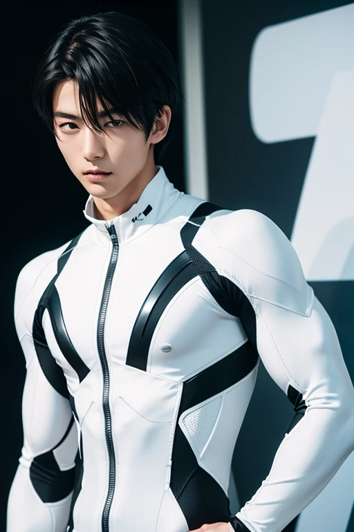 Japanese Male Model Cool 18 year old Short black hair slim and muscular intense Bright screen Close-up image Very tight white rubber suit Hero whole body