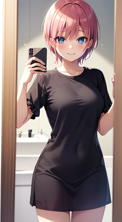 2d, masterpiece, best quality, anime, highly detailed, 1girl, solo, cowboy shot, nakano ichika, pink hair, short hair, seduce smile:1.3, blue short:1.3, white tshit:1.3, medium breasts, standing, selfie, bathroom, mirror, 