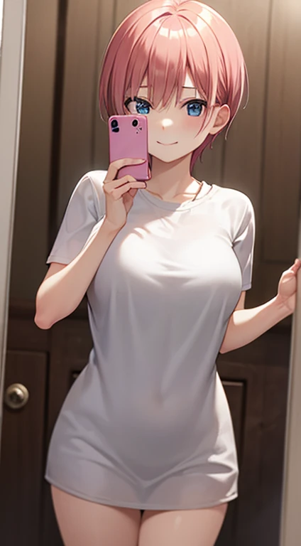 2d, masterpiece, best quality, anime, highly detailed, 1girl, solo, cowboy shot, nakano ichika, pink hair, short hair, seduce smile:1.3, blue short:1.3, white tshit:1.3, medium breasts, standing, selfie, bathroom, mirror, 