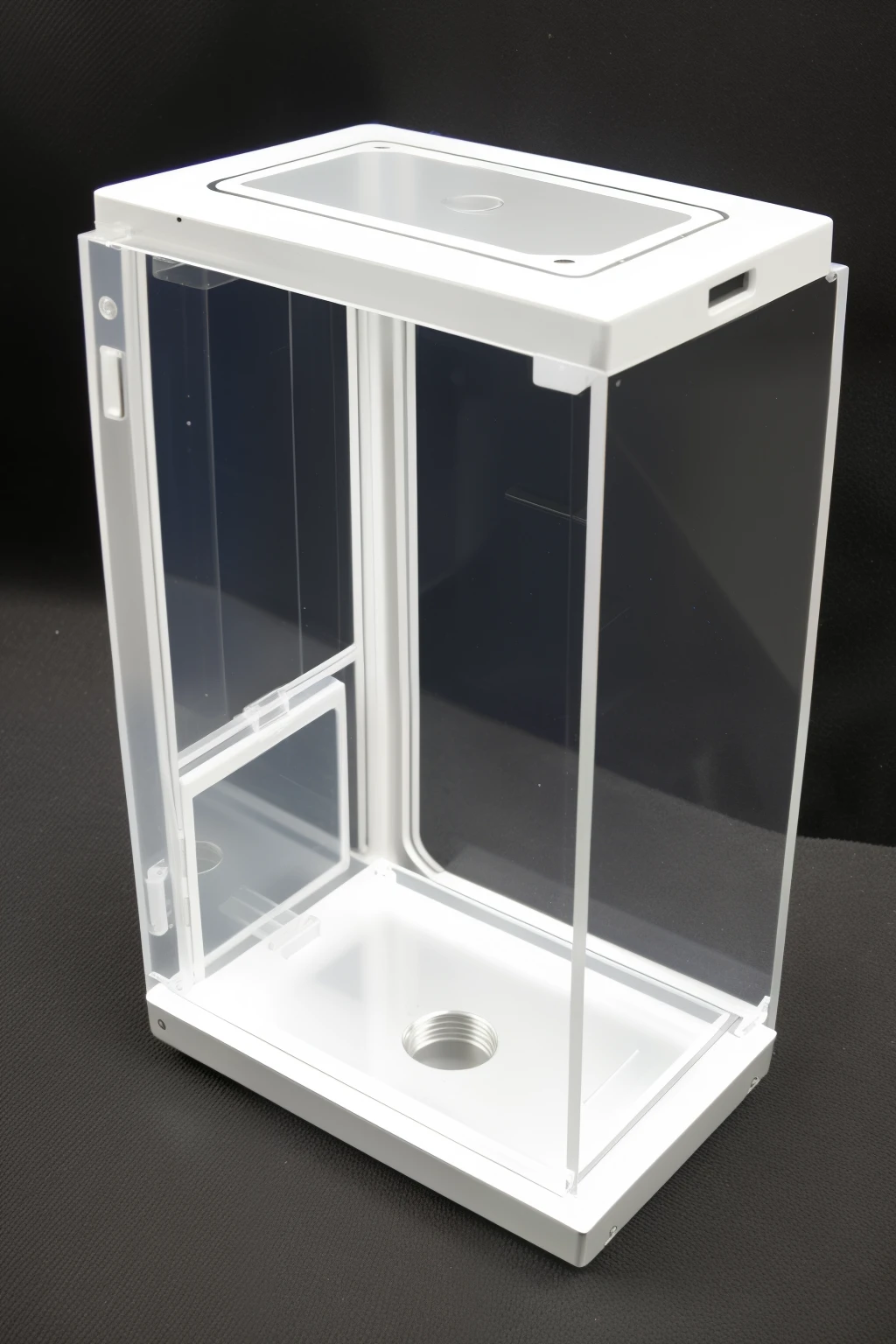 Generate a medical device housing, primarily composed of a 2mm thick aluminum alloy shell, yet featuring acrylic panels on the top and left sides that can be effortlessly opened, facilitating sample collection. A line interface is conveniently located on the rear, boasting a simple and sleek design.