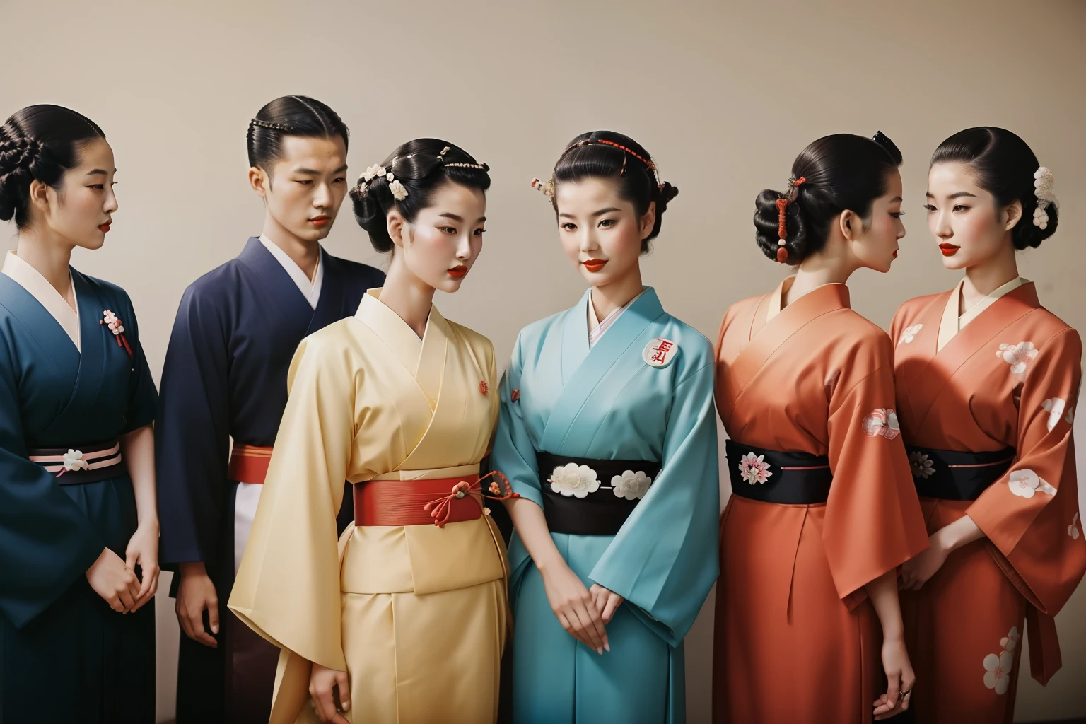 Kioto, 1948. A party with several bussinessmen and geishas, ((((japanese clothings from the 1940s)))), ((hairstyle of the 1940s)), color