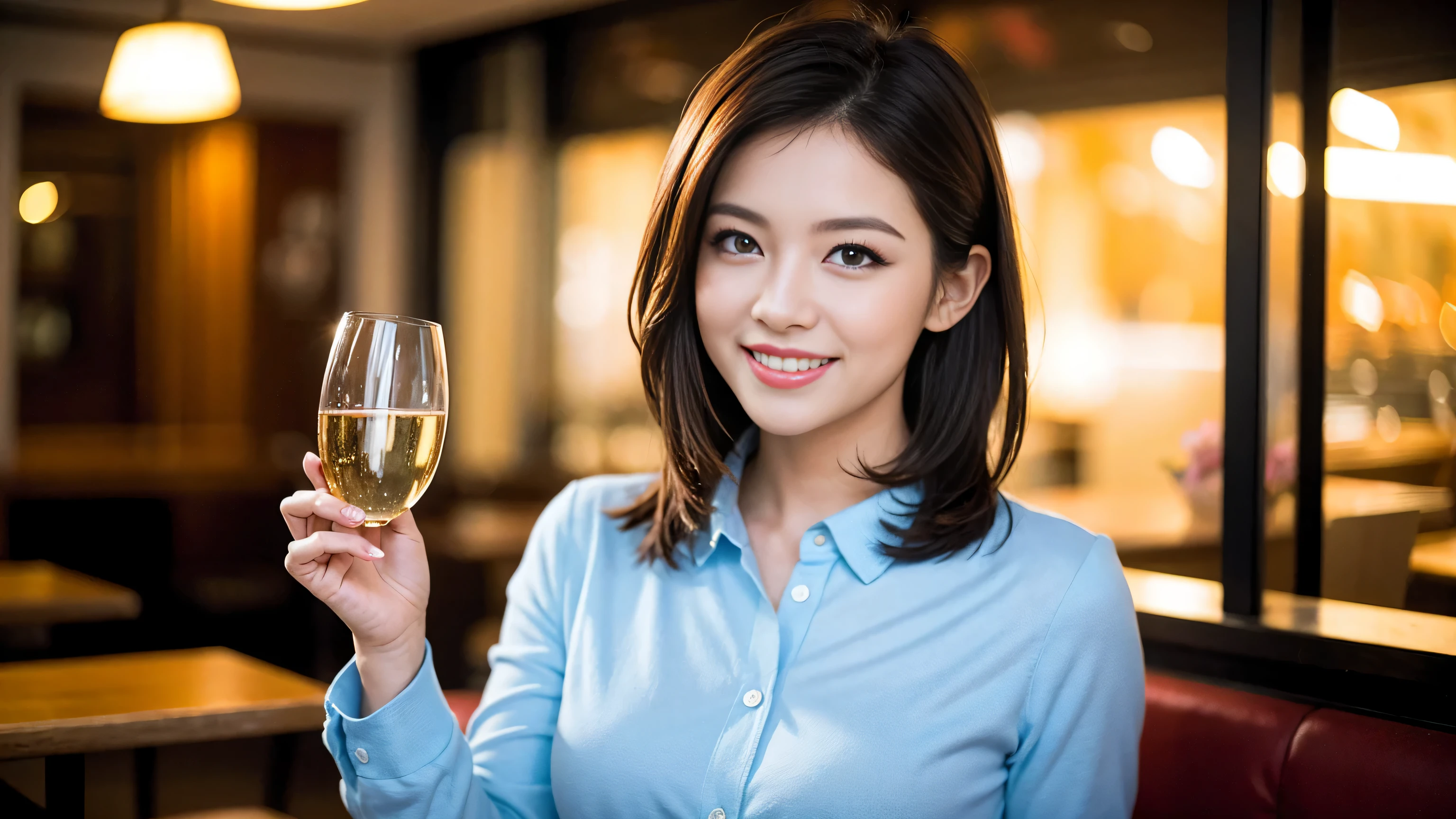 ((highest quality、8k、masterpiece:1.3))、Sharp focus:1.2、Beautiful woman perfect body:1.4、Slim body、((Bob Hale、Straight hair:1.2))、(to be born, highest quality, masterpiece:1.5), (Realistic, Intricate details:1.2), Ultra-high resolution, Spectacular view of the sunset sky and clouds、Amazing mountain views、shine a light on your face、A bright smile、wine glass、red wine 、Appetizer、Italian food、Wine bottle、Champagne、sparkling wine、, Beautiful Face, blue eyes, The light shines on your face, Blushing, short hair,Bright Face、Fox face、 (36 years old), 39 years old, Lady、Two beauties、Brown Hair、Shortcuts、Long sleeve shirt、dress、Pretty Woman 1, (slim face), (The body is slim), (Brown Hair), (Shortcuts), cheeks turn a little red,Attractive beauty、, Out of the window, A beautiful and detailed night view unfolds.........., restaurant, In a prominent place (From the waist up) Nova Frog Style, actress, model, Upper Body, White wine, slim, wine glass, A wine glass placed in the middle, smile, (smile: 1.15), Beautiful fine grain, Depth f/2,saturation, High Contrast, Strong light and shadow,Moist Body:1.5、3D texture、Delicate eyes、Brown Hair、The hair is very shiny、