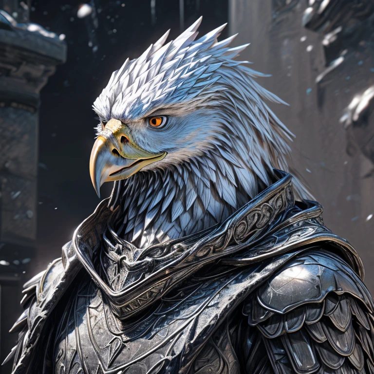 An eagle head, with a perfect sculptural realistic,with silver mediaval armor, and potrait, ultra realistic, HD,