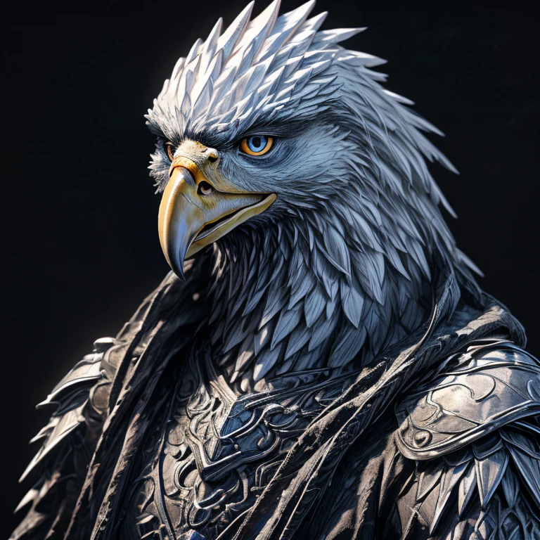 An eagle head, with a perfect sculptural realistic,with silver mediaval armor, and potrait, ultra realistic, HD,  