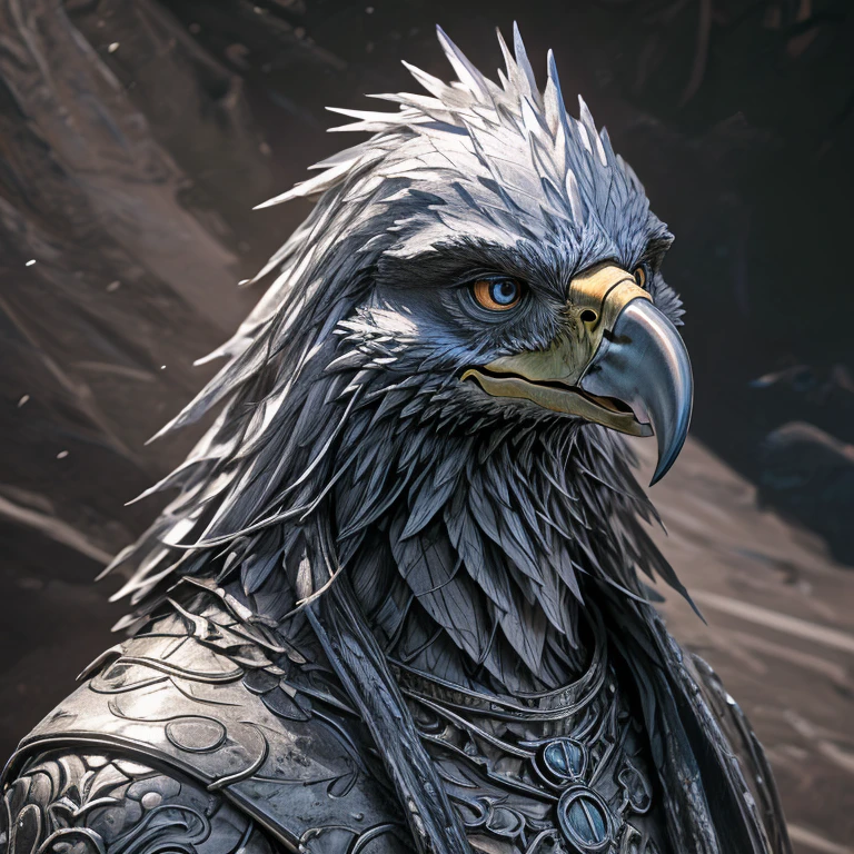 An eagle head, with a perfect sculptural realistic,with silver mediaval armor, and potrait, ultra realistic, HD,  