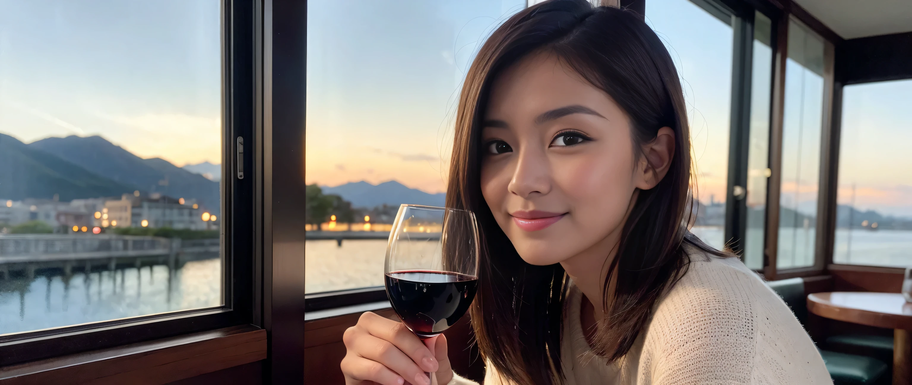 ((highest quality、8k、masterpiece:1.3))、Sharp focus:1.2、Beautiful woman perfect body:1.4、Slim body、((Bob Hale、Straight hair:1.2))、(to be born, highest quality, masterpiece:1.5), (Realistic, Intricate details:1.2), Ultra-high resolution, Spectacular view of the sunset sky and clouds、Amazing mountain views、shine a light on your face、A bright smile、wine glass、red wine 、Appetizer、Italian food、Wine bottle、Champagne、sparkling wine、, Beautiful Face, blue eyes, The light shines on your face, Blushing, short hair,Bright Face、Fox face、 (36 years old), 39 years old, Lady、Two beauties、Brown Hair、Shortcuts、Long sleeve shirt、dress、Pretty Woman 1, (slim face), (The body is slim), (Brown Hair), (Shortcuts), cheeks turn a little red,Attractive beauty、, Out of the window, A beautiful and detailed night view unfolds.........., restaurant, In a prominent place (From the waist up) Nova Frog Style, actress, model, Upper Body, White wine, slim, wine glass, A wine glass placed in the middle, smile, (smile: 1.15), Beautiful fine grain, Depth f/2,saturation, High Contrast, Strong light and shadow,Moist Body:1.5、3D texture、Delicate eyes、Brown Hair、The hair is very shiny、