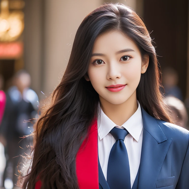 8k, Highest quality, Special details, , Beautiful Asian woman, 25 years old, straight face.,) Look straight at the camera, intently, intently ,)Long hair floats up,)) The light illuminates the face and focuses clearly. ,Stylish uniforms, blue suits, red pepper blue suits. Help customers, Chic shop decoration, bright colors, bustling environment There was a large flower vase with red, yellow, pink, white flowers around it appropriately.,) Shot with a high quality Fuji 45 camera.,000,000 chili cells with realistic light and sound,