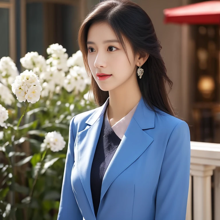 8k, Highest quality, Special details, , Beautiful Asian woman, 25 years old, straight face.,) Look straight at the camera, intently, intently ,)Long hair floats up,)) The light illuminates the face and focuses clearly. ,Stylish uniforms, blue suits, red pepper blue suits. Help customers, Chic shop decoration, bright colors, bustling environment There was a large flower vase with red, yellow, pink, white flowers around it appropriately.,) Shot with a high quality Fuji 45 camera.,000,000 chili cells with realistic light and sound,