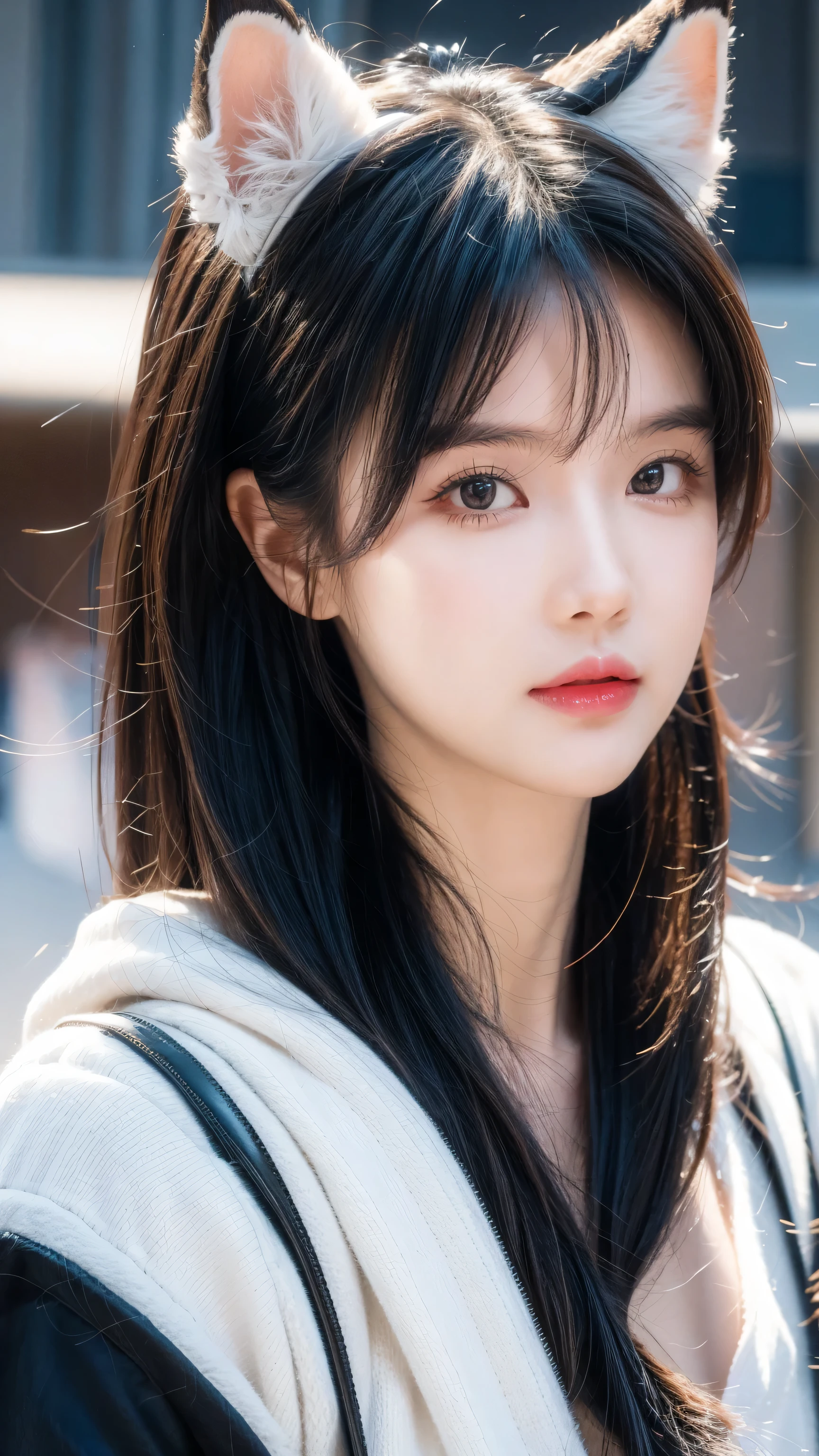 Hair shaking, victory, Long eyelashes, Solid round eye, Fake animal ears, A faint smile, ears red, direction, Surrealism, shadow, Relief, Stereogram, Standing picture, View, Atmospheric perspective, 8k, Super Detail, precise, best quality