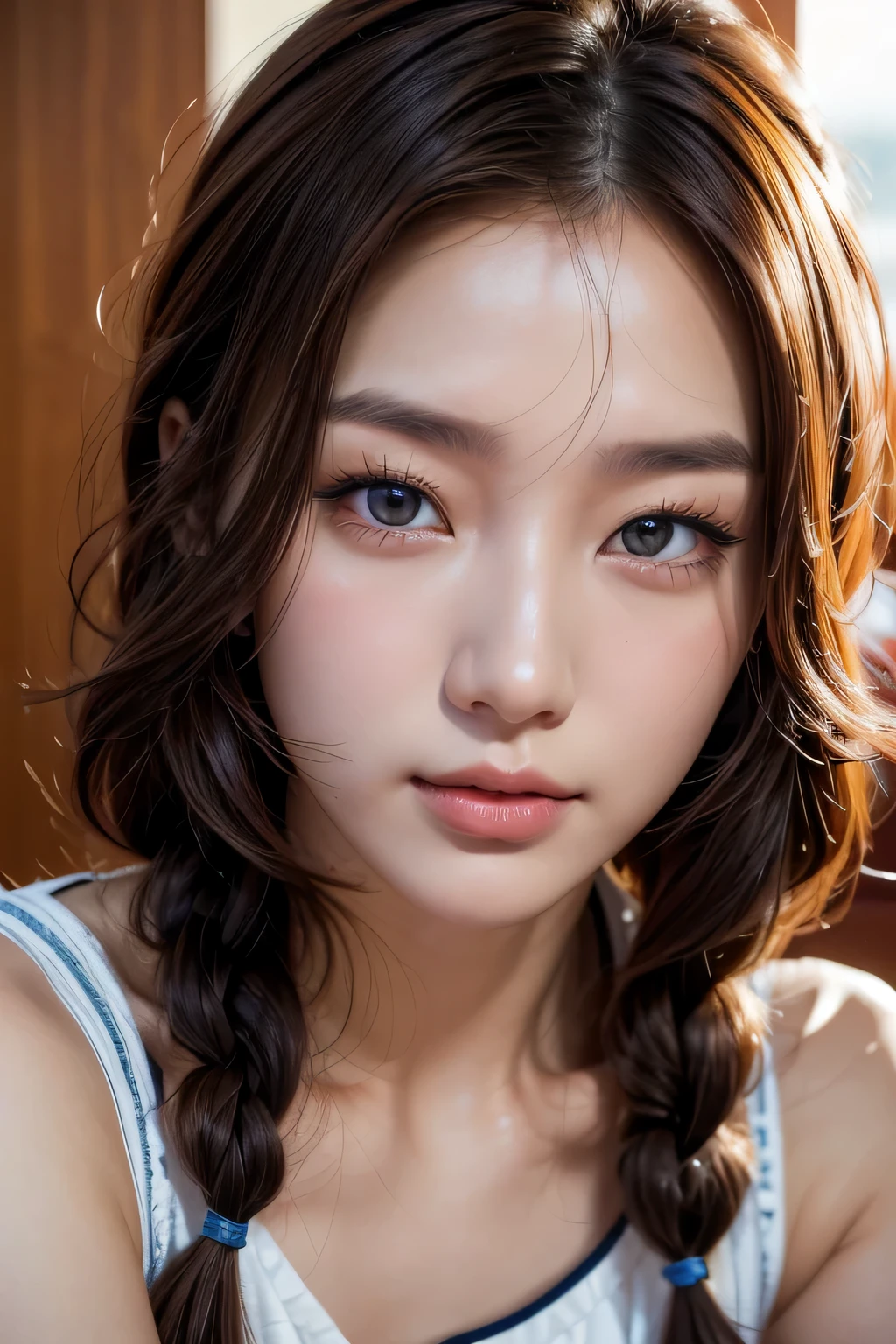 Korean woman sitting in a luxury hotel lobby drinking coffee、Photos of Lee Gahyeon。Window sunlight, Blue Hair, Dynamic pose, Skin Texture, Pale skin, Shiny skin, (slim, small:1.2), [:(Sharp focus on the face, Detailed face, Perfect Eyes, View your viewers:1.2):0.2], Realistic, Film Grain, 最high quality, masterpiece masterpiece, 最high quality, high quality, High resolution, curly hair in long braids､((White short dress))､((Face close-up)))