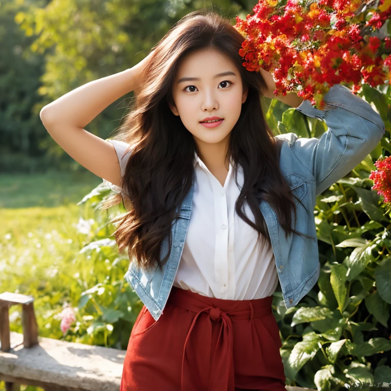 Young Asian woman with long flowing hair blowing up,) Look straight at the camera intently,) Focus on the face clearly,) The countryside outdoors has bright red flowers all around and an old thatched hut., He wore a leather jacket and a red tie.,Blue,black,)  Exaggerated colors cool action poses,) 8K images, Shot with a high quality camera with 45000000000 pixels.