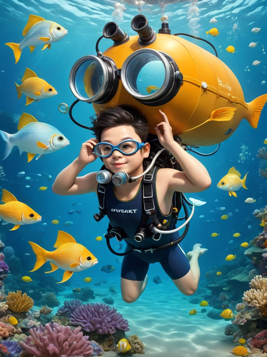 (personification), (一只穿着diving服的猫:1.3)，(Carrying an oxygen cylinder on his back:1.3)，Eyes wearing goggles，(diving:1.3)，seabed，Fish are surrounding, peter henket, Humorous illustrations, andy catling, Lovely and detailed digital art, Very realistic