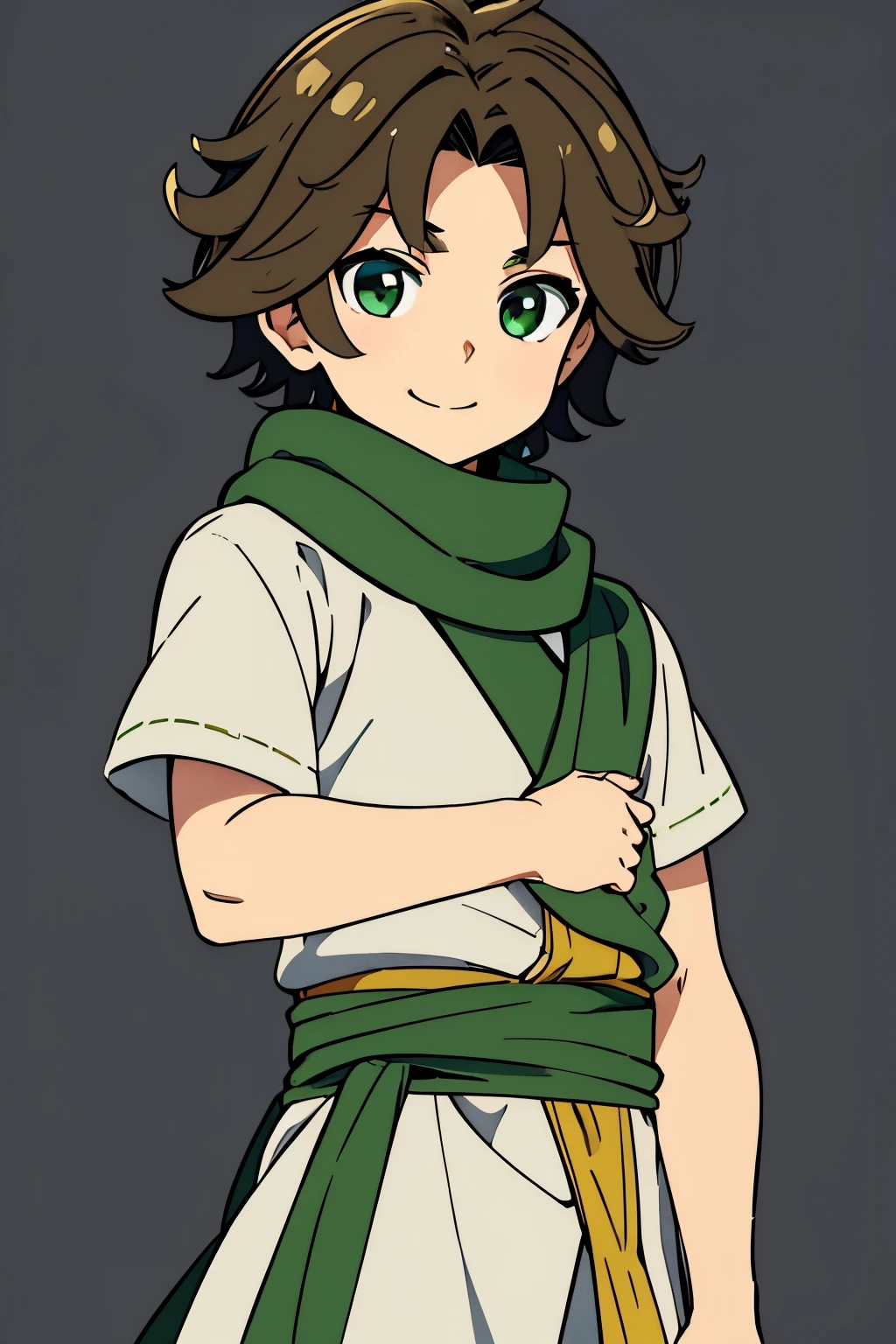 (high-quality, breathtaking),(expressive eyes, perfect face) 1boy, male, solo, , shota, dark brown color hair, green eye color, spiky fluffy hair, wavy hair, short hair length, cute smile, cute face, childlike face, white tunic, green and gold trim, green scarf, Symmetrical Eyes, portrait, positive expression, grey background, greek clothes, ancient Greek clothes
