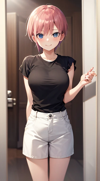 2d, masterpiece, best quality, anime, highly detailed, 1girl, solo, cowboy shot, nakano ichika, pink hair, short hair, seduce smile:1.3, blue short:1.3, white tank:1.3, medium breasts, standing, selfie, bathroom, mirror, 