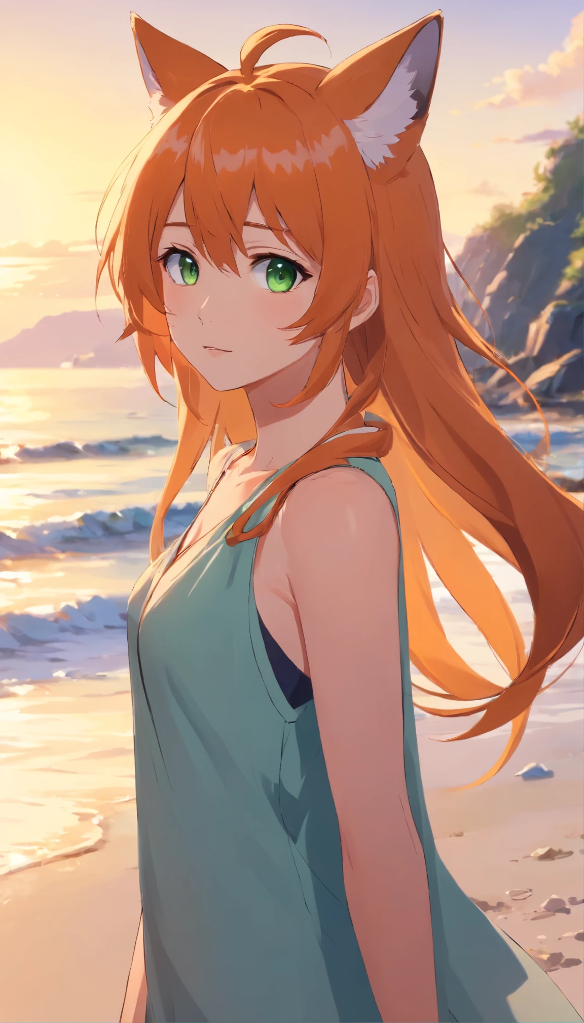 anime girl with long orange hair standing on beach near ocean, green eyes detailed digital anime art, fox ears, fox tail, anime girl with long hair, smooth anime cg art, anime girl with long hair, digital anime art, artwork in the style of guweiz, beautiful anime portrait, photorealistic anime girl render, beautiful anime girl, advanced digital anime art, guweiz on artstation pixiv upscale HD UHD HQ