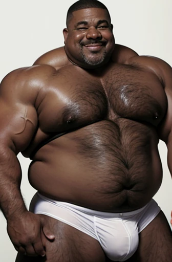 A full body shirtless African American construction worker obese bodybuilder with a very oiled body smiling sweaty old man with shaved head with big gray mustaches extremely muscular and extremely fat over 70 years old weighing over 600 pounds very muscular big pecs very hairy with gyno dark nipples in front of a white wall wearing black leather panties and a leather harness on the torso