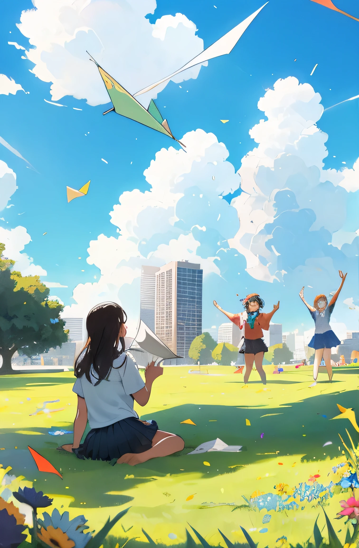 A group of young people are talking about their dreams on the grass in a cheerful atmosphere,Flying paper airplanes(A group of young people happily playing guitar on the grass)(Empty meadows,Blue sky and white clouds,The high-rise building looming in the distance)