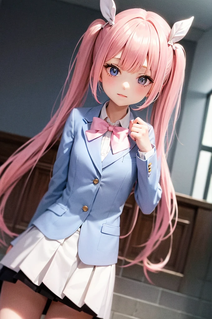 Pink Hair Twin tails White ribbon Blue Eyes Cute atmosphere Girl Pink Blazer School high school girl