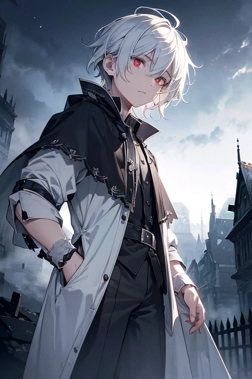 (highest quality,High resolution,Very detailed,Realistic:1.2),A boy with white hair and dark red eyes, Highly detailed, emits a dark aura, Looks like a half demon, Standing in a mysterious landscape of darkness and shadows, dressed in a black cloak, With a shining ancient sword. The boy's face is a mixture of determination and darkness., With sharp features and a sharp gaze. The background is filled with eerie fog、A faint glimpse of an eerie symbol. Dim lighting、It emphasizes the boy's fantastical presence.。.