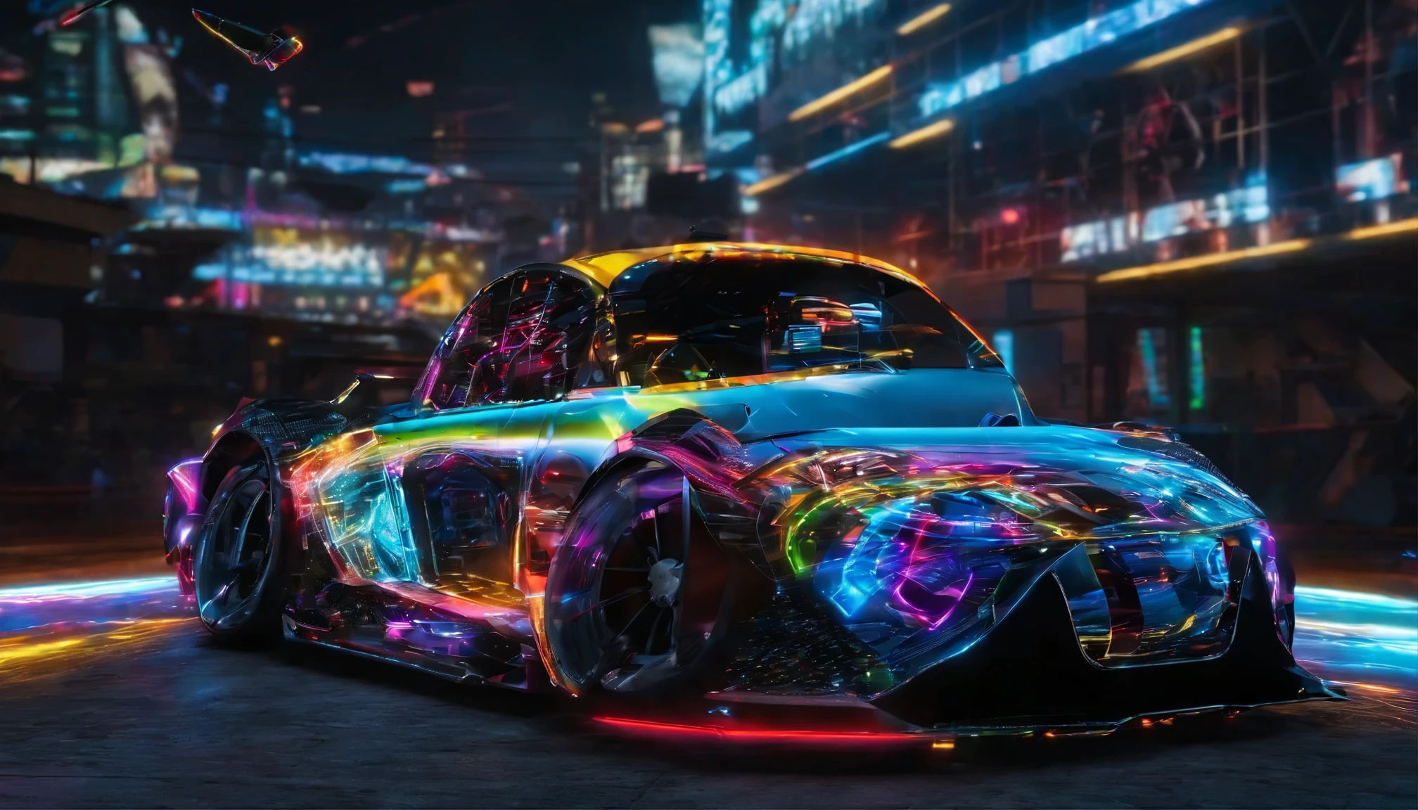 In this captivating image, a sports car embodies power and dynamism. Her gaze exudes determination, and her figure radiates confidence, creating a perfect contrast to the potency of the sports car.Behind the car unfolds a swirl of colorful smoke, adding an extra layer of dynamism and mystery to the scene. This array of multicolored smoke not only frames the car but also symbolizes energy and motion, enveloping this thrilling moment.This picture captures attention and conveys not only beauty and style but also the excitement and adrenaline associated with the world of sports cars.