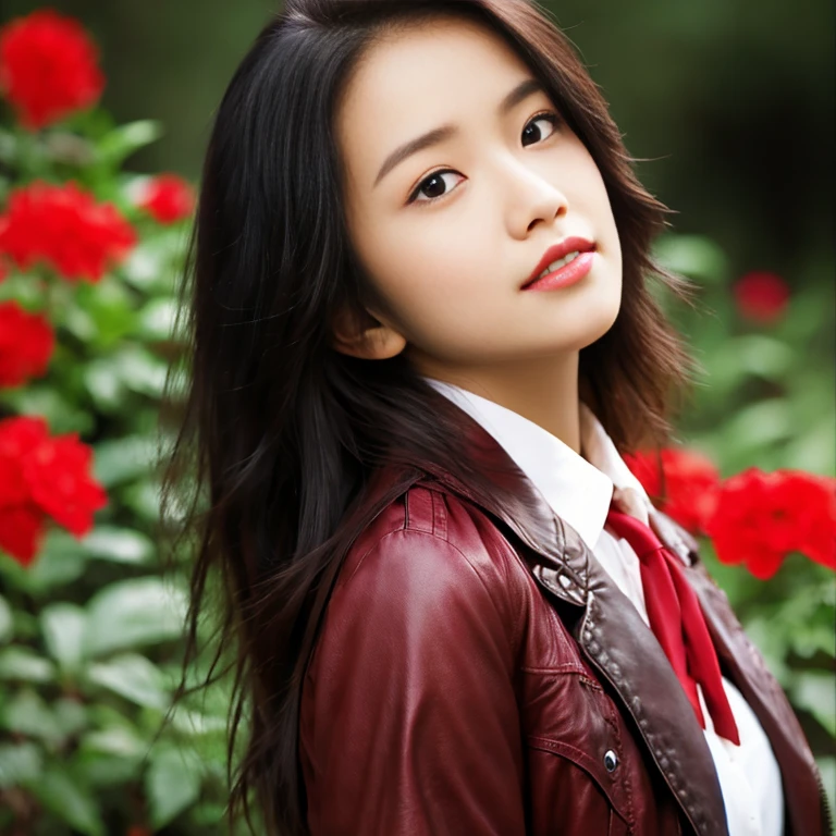 Young Asian woman with long flowing hair blowing up,) Look straight at the camera intently,) Focus on the face clearly,) The countryside outdoors has bright red flowers all around and an old thatched hut., He wore a leather jacket and a red tie.,Blue,black,)  Exaggerated colors cool action poses,) 8K images, Shot with a high quality camera with 45000000000 pixels.