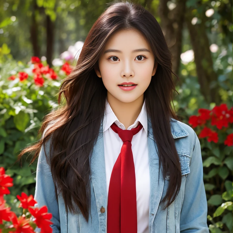 Young Asian woman with long flowing hair blowing up,) Look straight at the camera intently,) Focus on the face clearly,) The countryside outdoors has bright red flowers all around and an old thatched hut., He wore a leather jacket and a red tie.,Blue,black,) Exaggerated colors cool action poses,) 8K images, Shot with a high quality camera with 45000000000 pixels.