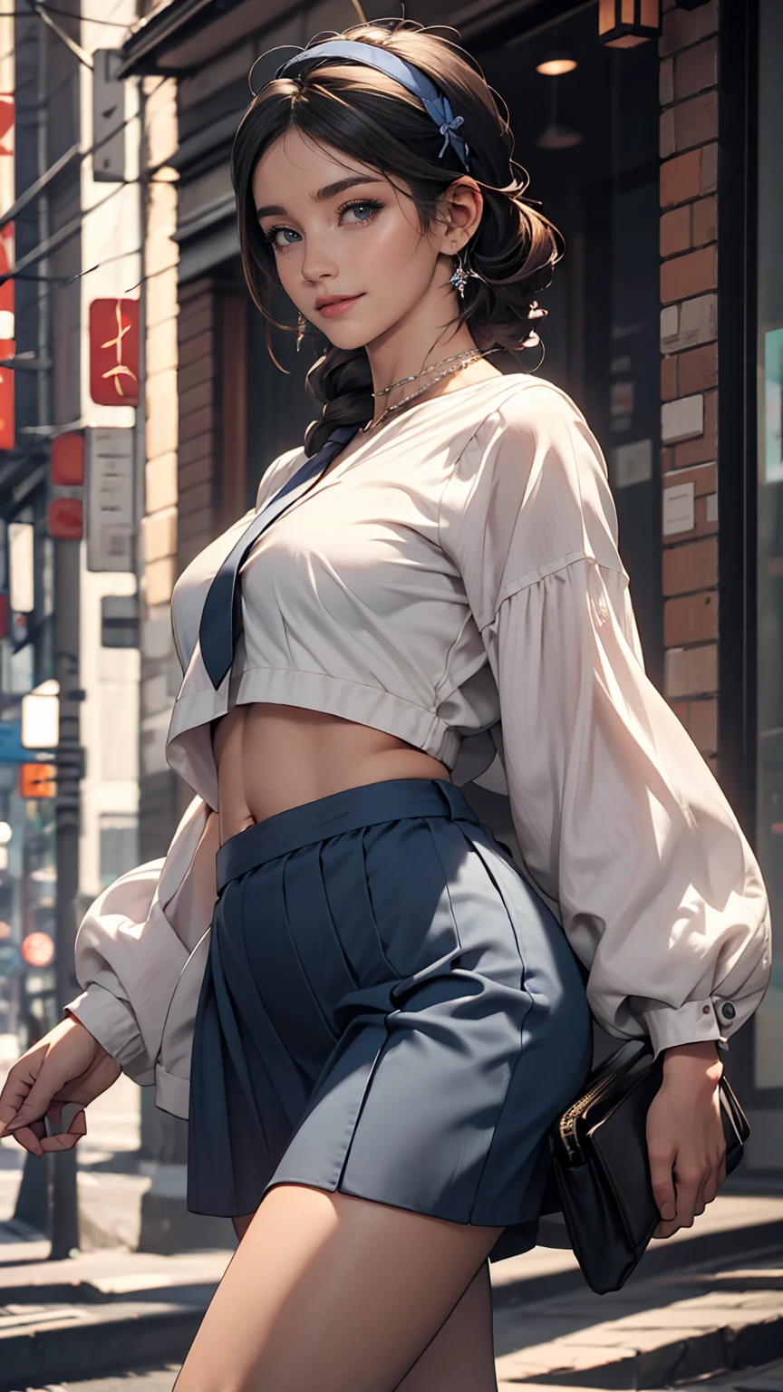 A 22-year-old extremely beautiful white woman、Supermodel proportions、Hair color blonde、blue eyeedium Hair、Straight Hair、Hair pulled up and tied back((hair pulled back))、Wear a high-neck zipper-up top decorated with lace、Lower milk visible、Navel visible、Large chest、Narrow waist、Wear leggings、Wear high heels、In a cobblestone alley of the old town、smile