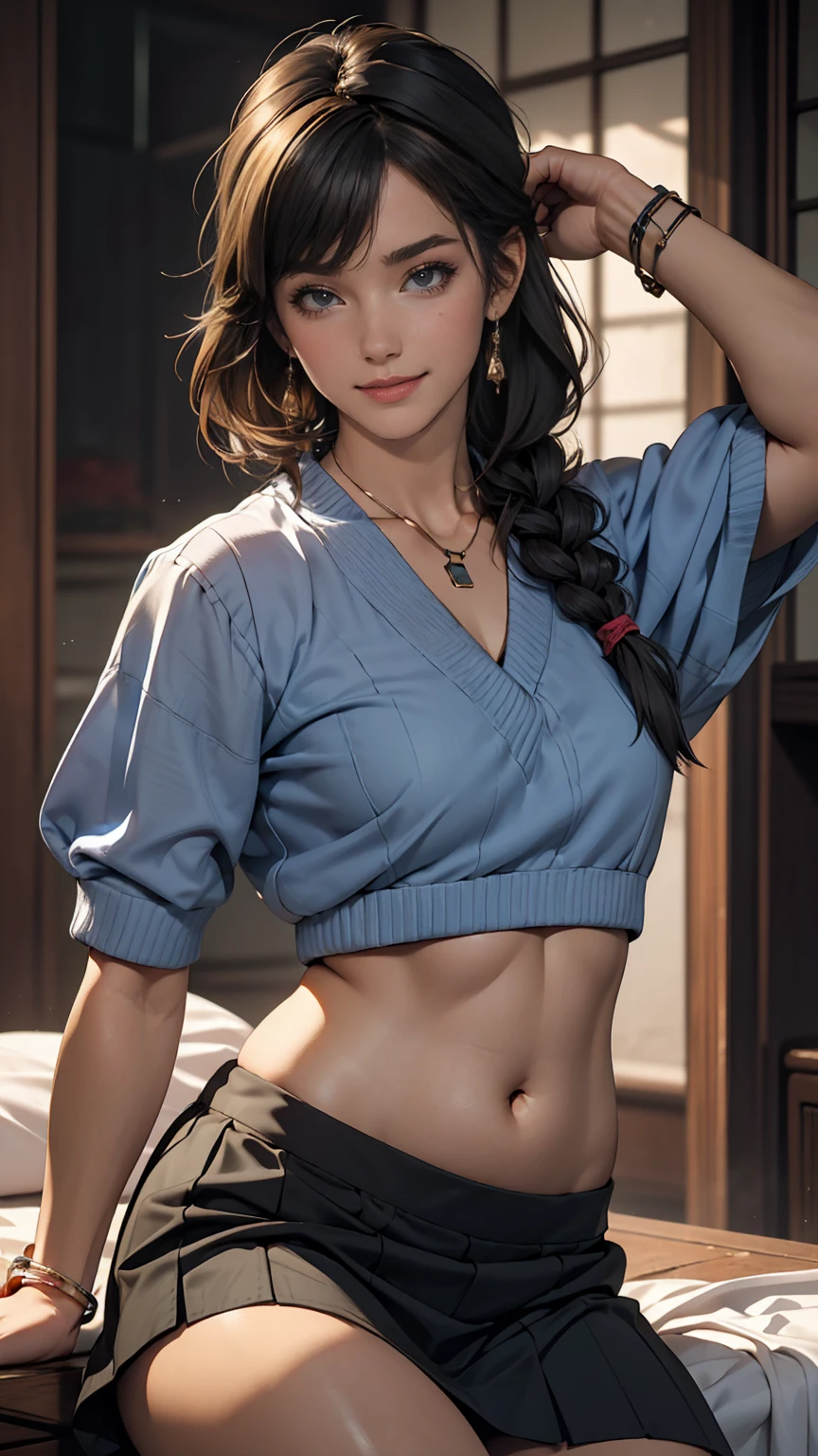 One girl,foot,a girl at building,(((building))),  Braided bangs,Braided Ponytail,(alone:1.2),apron,Thick thighs,Side tie panties, Black Hair, 16 years old,View your viewers, sunlight,Hanfu, 、Sexy proportions、erotic、adult、Narrow waist、Narrow waist、smile