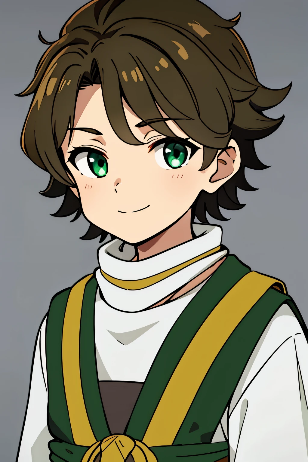 (high-quality, breathtaking),(expressive eyes, perfect face) 1boy, male, solo, toddler age, shota, dark brown color hair, green eye color, spiky fluffy hair, wavy hair, short hair length, cute smile, cute face, childlike face, white tunic, green and gold trim, green scarf, Symmetrical Eyes, portrait, positive expression, grey background, greek clothes, ancient Greek clothes
