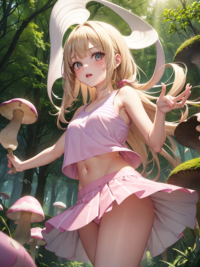 1girl, cute, , teen, slender, round face shape with angular jaw, blonde with bangs, grey eyes, shoulderless crop top, picking wet pink colorful mushrooms in a celestial forest, sunshine, stripe socks, pink skirt, hhorny touch, windy