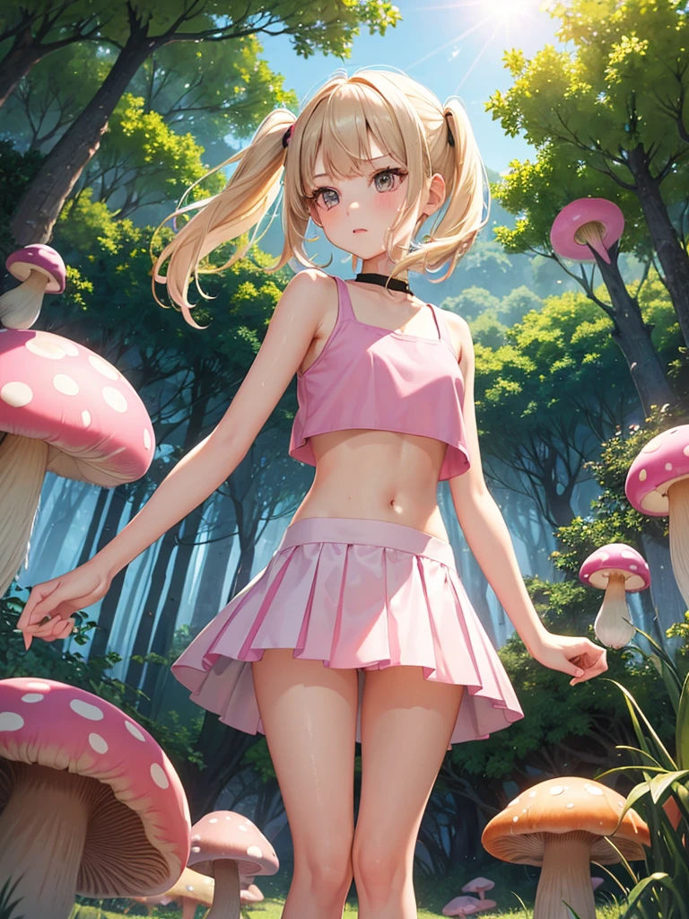 1girl, cute, , , slender, round face shape with angular jaw, blonde with bangs, grey eyes, shoulderless crop top, picking wet pink colorful mushrooms in a celestial forest, sunshine, stripe socks, pink skirt, hhorny touch, windy