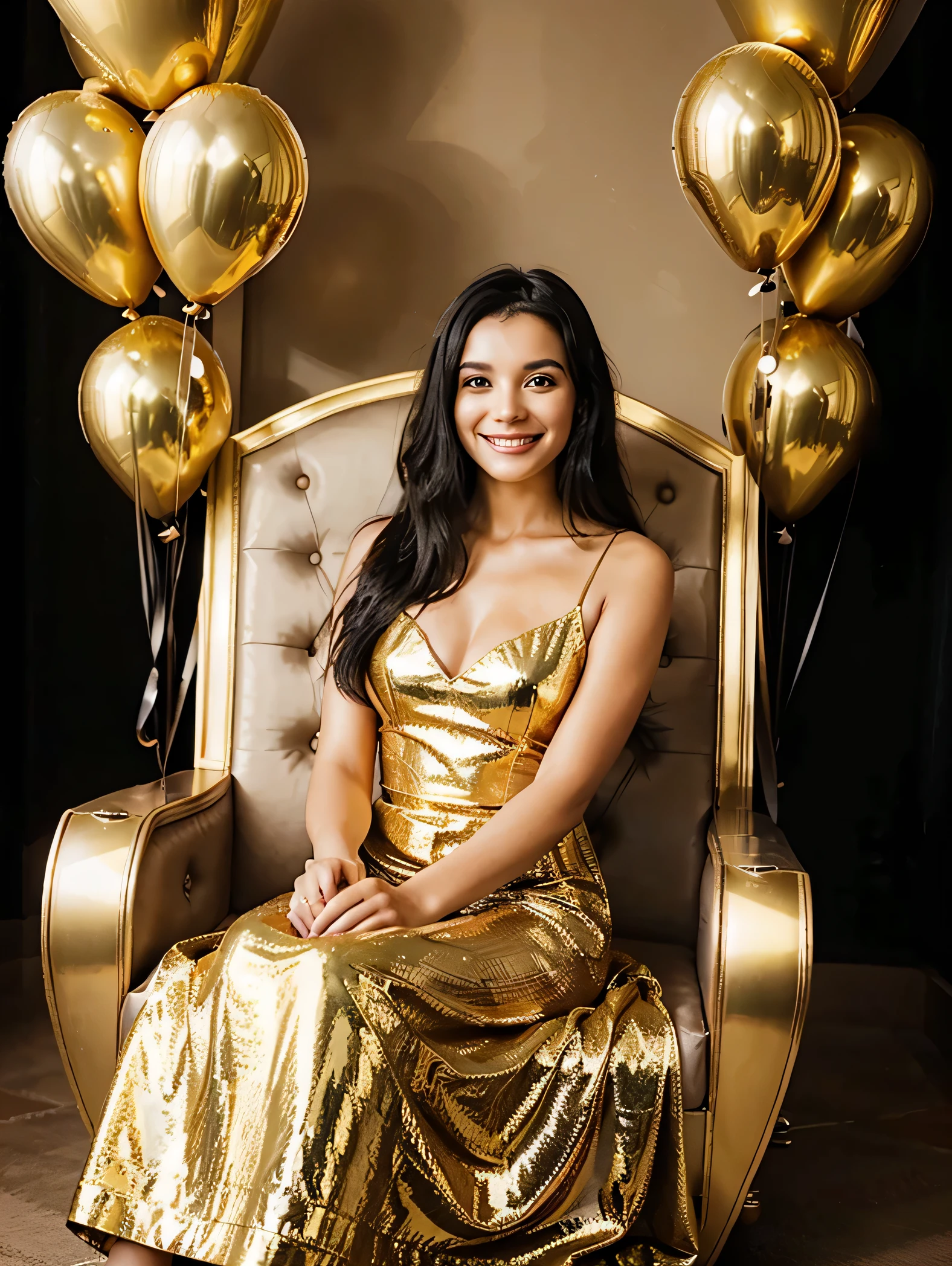 woman, black hair, smiling, long shiny dress, sitting in queen chair, holding golden balloons, looking at camera, looking at viewer