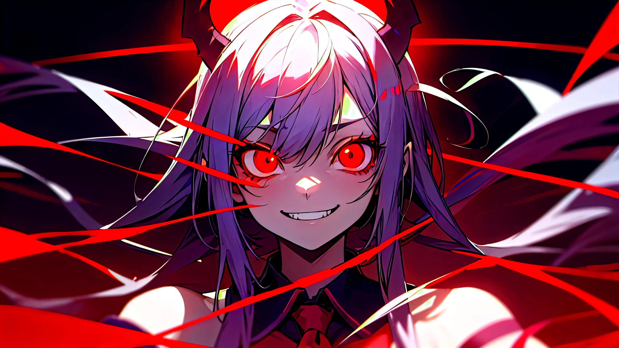 Anime, demon, Demon Girl, Red eyes, demon, demon, Demon Girl, Demon Girl, Demon Girl, Demon Girl, Demon Girl, Demon Girl,, with red glowing eyes, evil smile and glowing eyes, with glowing red eyes, demon anime girl, evil grin smile, red eyes glowing, gapmoe yandere grimdark, portrait gapmoe yandere grimdark 