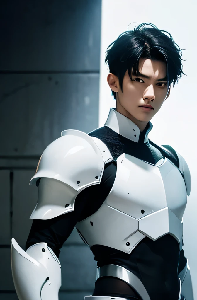 Japanese Male Model Cool 18 year old Short black hair Slim and muscular Fierce Bright screen White Armor