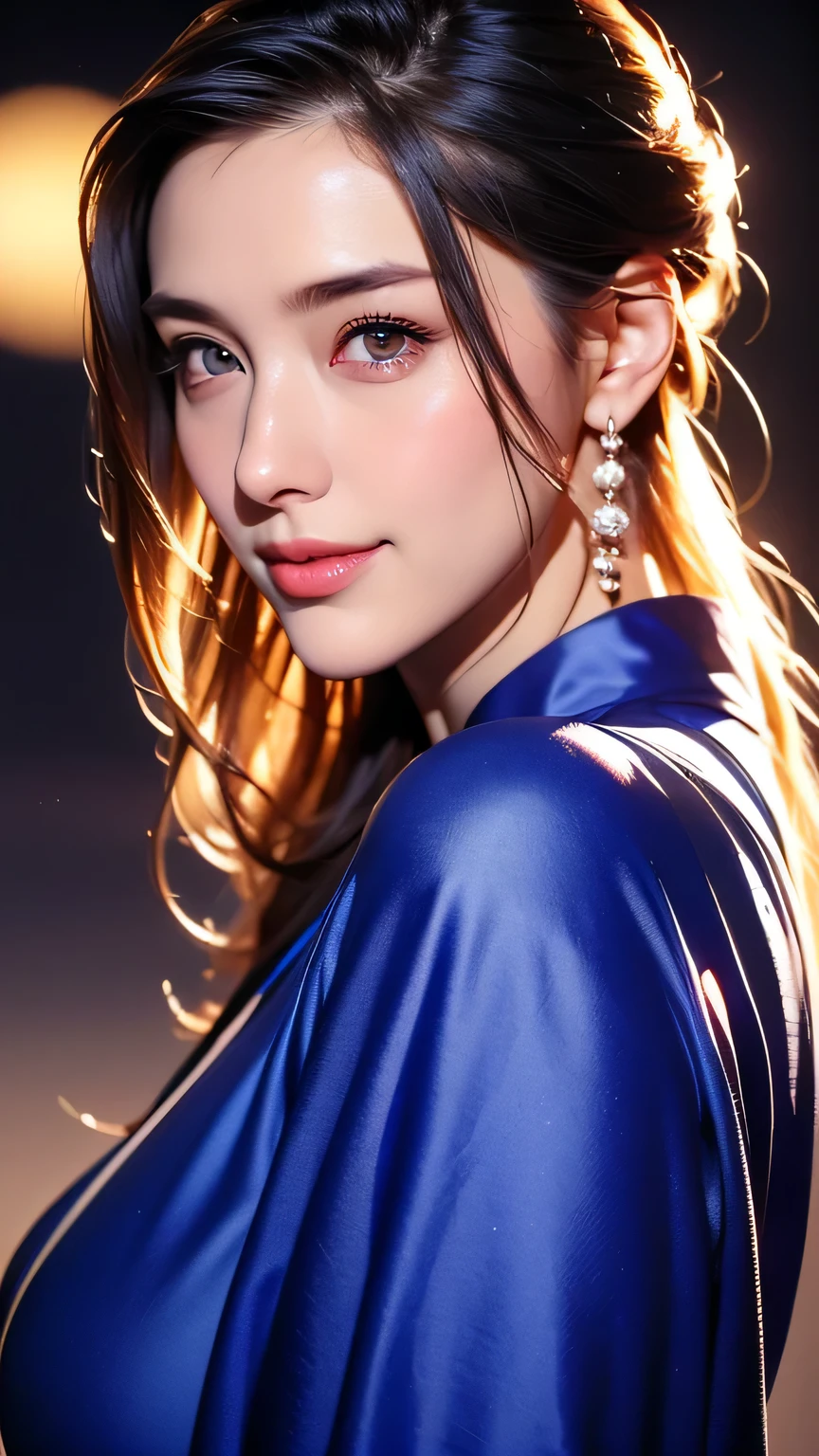 Beautiful woman in kimono,body portrait、8k,fine and beautiful eyes,Dindal effect、masterpiece, 最high quality, high quality, High resolution、very detailed photos、(natural skin texture、fine skin、hyper realism、Super sharpness)、high detail skin、(very detailed、fine skin texture、intricate details、beautiful face、(lifelike face)、realistic eyes、beautiful and detailed eyes、real looking skin、beautiful skin、surreal、very detailed、golden ratio、with smiling eyes、((night moonlight background))、body portrait、G cup、big breasts,Oily muscle、shiny skin、glamorous,shiny bodysuit