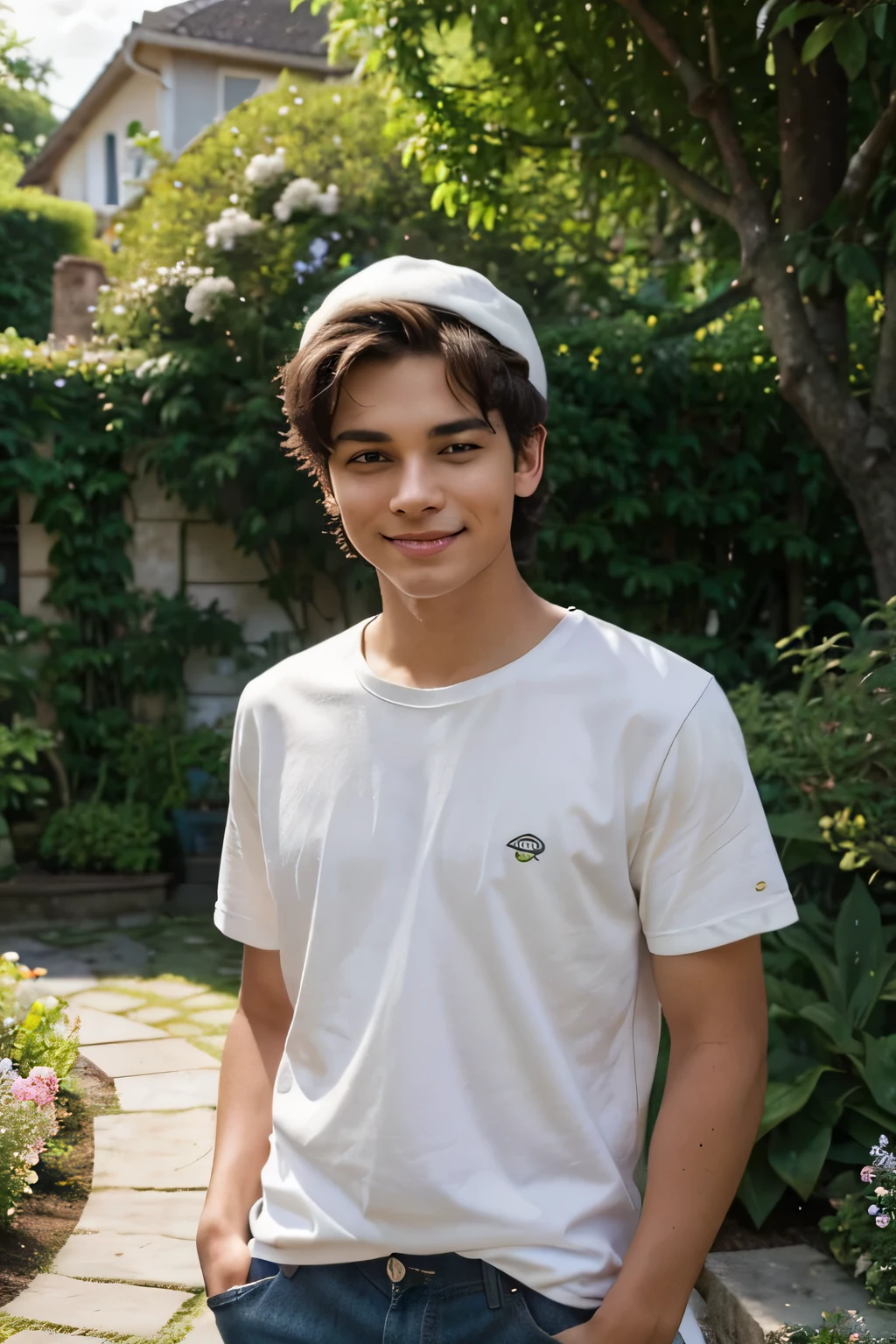 Picture of a male teenager in the garden, who poses casually and sweats. Der Teenager hat kurze, dark hair and wears a loose T-shirt and jeans. Sein Gesichtsausdruck zeigt Jugendlichkeit und Entdeckungsfreude, while looking into the camera with a slightly mischievous smile. Small beads of sweat can be seen on his forehead and face, as the sun shines hotly down on him. In the background you can see a picturesque garden with blooming flowers and lush greenery, which creates a calm and peaceful atmosphere. The image is intended to capture the energy and adventurous spirit of the narrator in the garden, while in the warm sun of the day.